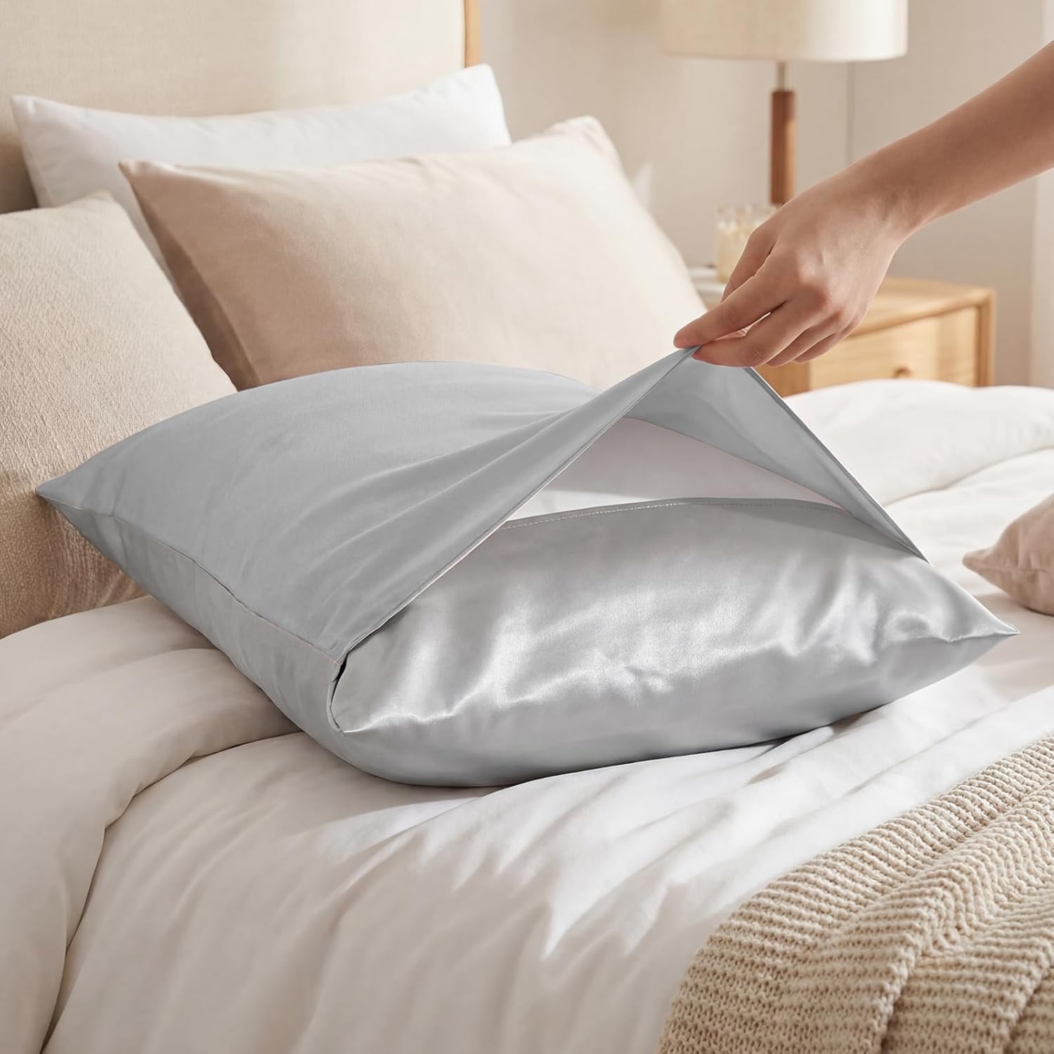 Slik Pillowcase for Hair and Skin,Real 100% Pure Mulberry Silk Pillow Cover for Women Men Luxury Gifts Smooth and Cooling Sleeping Pillow Case with Envelope Closure,19x29 Inches,Gray,1Pcs