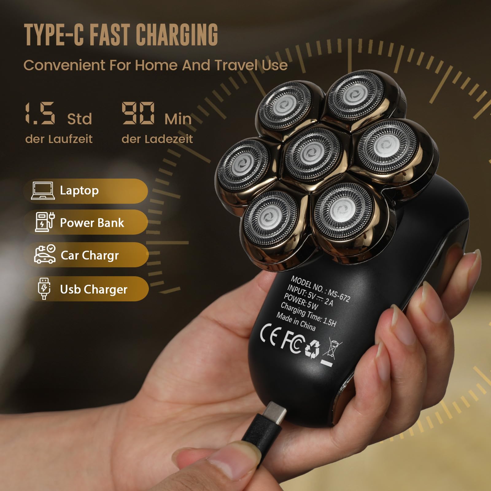 Afeitadoras eléctricas de cabeza para hombres: maquinilla de afeitar eléctrica impermeable IPX7 para hombres calvos - Afeitadora giratoria 7D con pantalla LED - Juego de aseo recargable