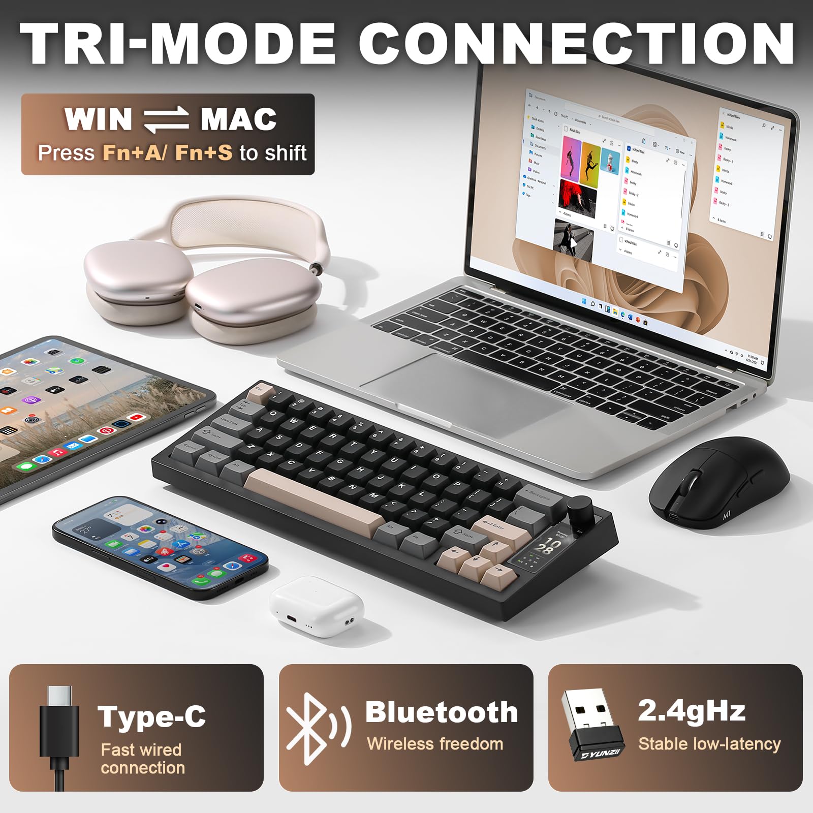 YUNZII IF68 Teclado Mecánico Gaming Inalámbrico QMK/Via (Negro, Milk V2) | 65% Pantalla TFT con Perilla, Bluetooth/2.4G/USB-C, Hot Swap, PBT, Retroiluminación RGB, US ANSI, para Mac/Win