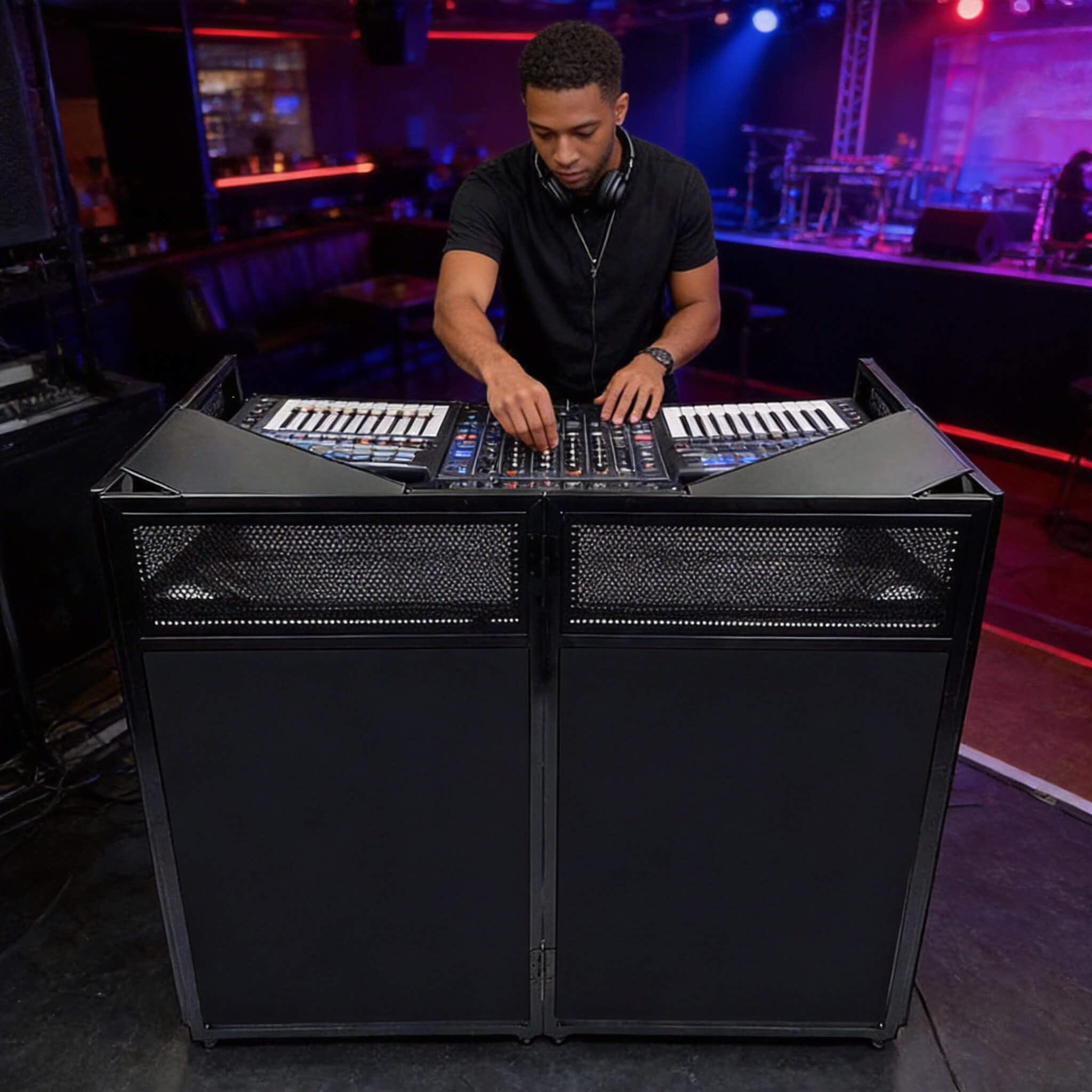 Mesa portátil de DJ con ruedas, cabina de fachada plegable de 45 pulgadas con paneles de esquina dobles y mesa de malla, soporte móvil para controlador de DJ con malla y bolsa de transporte para bodas