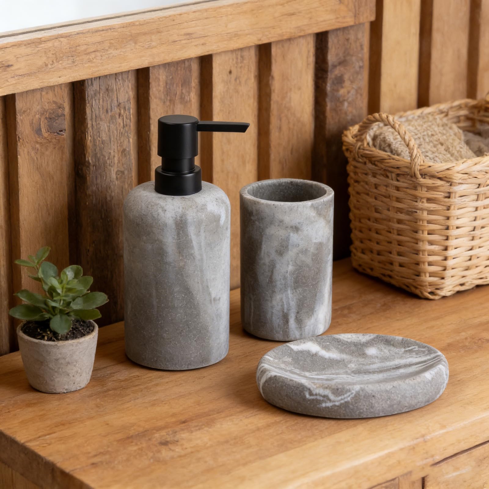 Badezimmer Set, 3 Teile Bad Set aus Seifenspender, Seifenschale u. Zahnbürstenhalter, Harz Wolken Stein Badezimmer DREI-Stück Sets