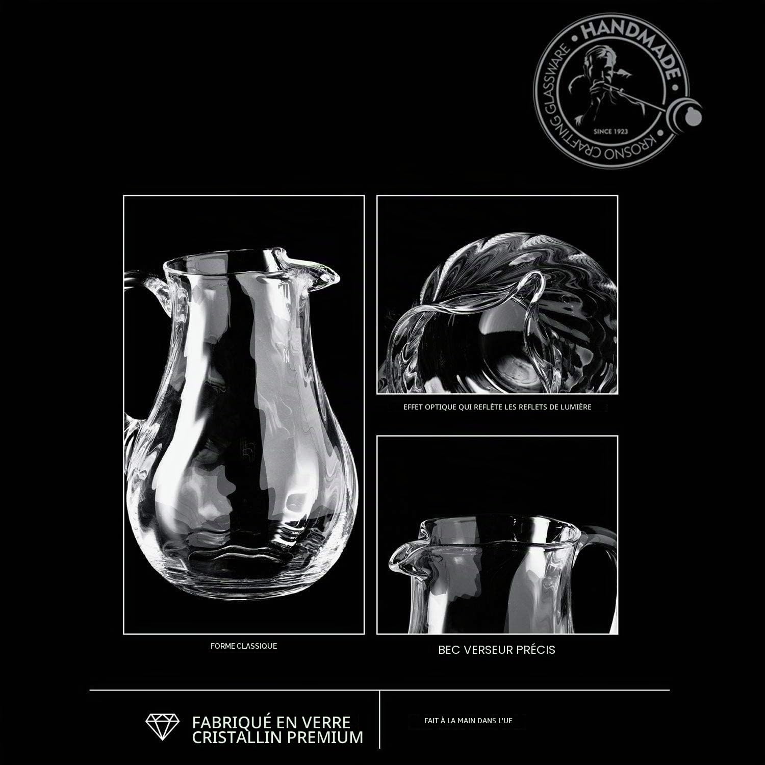 KROSNO Pichet en Verre à Eau, 1600 ml, Fait à la main, Collection Romance | Carafe en verre ondulé, Jarre à jus, the glace, limonade, boissons, Cristal sans plomb, Lavage à la main, Idée cadeau