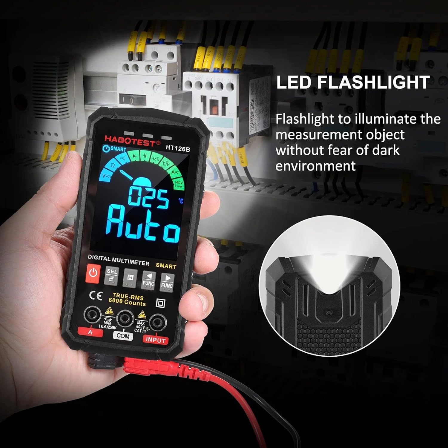 HT126B Smart Digital Multimeter 6000 Counts True RMS Auto-ranging VA Color Screen Electrical Tester Voltage Current Capacitance Resistance