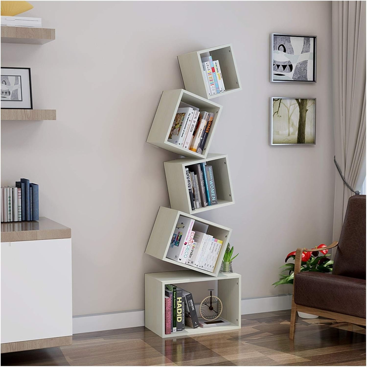 NYKK Bookcase Shelf 5Tier Geometric Bookshelf Creativity Stacked Square Book Shelf