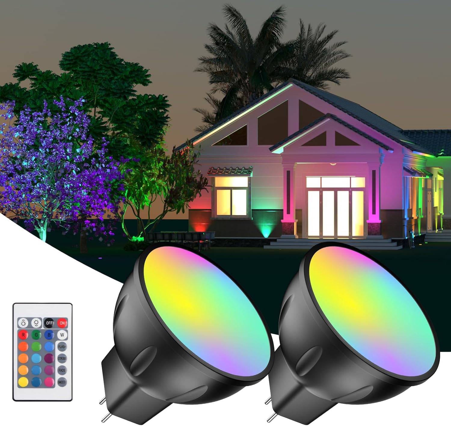Cheopha RGB MR11 Color Changing LED Bulbs with Remote Control, Warm White + Multi Color GU4 Base Light Bulb, 12V Low Voltage for Outdoor Christmas New Year & Landscape Lighting 2-Count