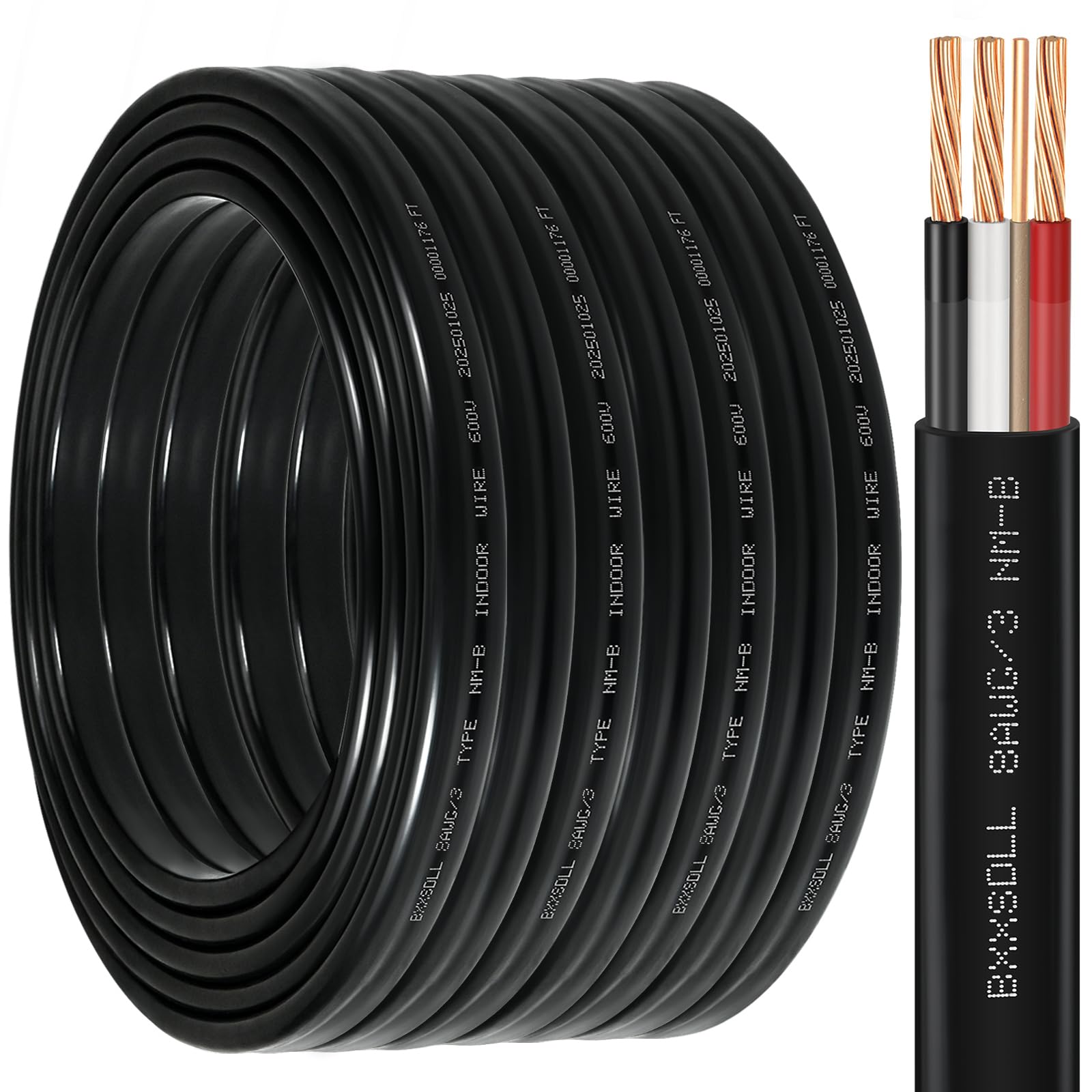 100 FT 8/3 NM-B Wire with Ground -8 AWG 3 Conductor Non-Metallic Sheathed Cable, 100% Pure Copper Electrical Wire for Outlets, Switches, Lighting,
