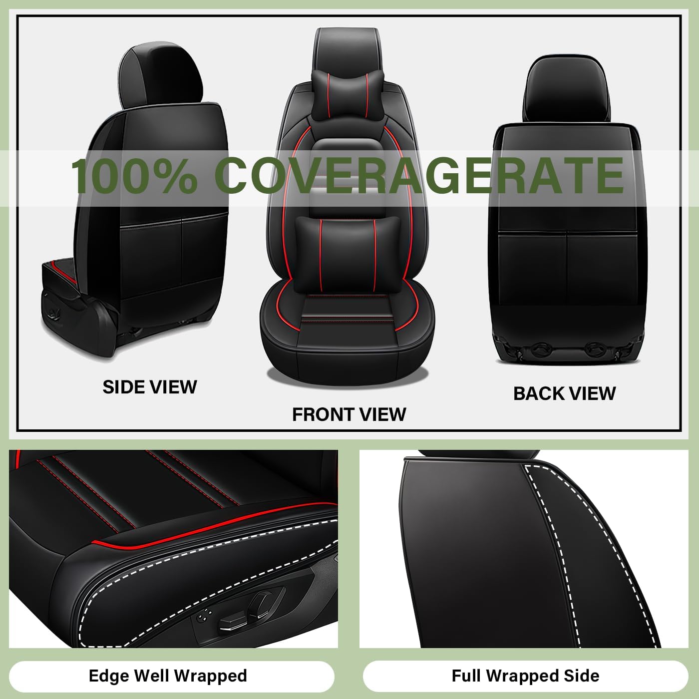 Leather Car Seat Covers Fit for Chevy Silverado 1999-2024, 5 Seats Non-Slip Waterproof Car Seat Cover, Sporting Style Full Set with Pillow Accessories (Black Red)