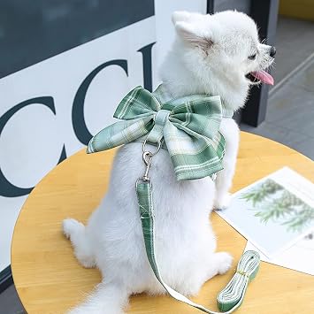 Dog Harness and Leash Set, Cute Bow Tie Plaid Harnesses for Puppy Cat, Adjustable Pet Kitties Vest, Breathable Harness Traction Rope for Boy Girl Small AnimalHarness Green,M for 5.5-8.8lbs Dog