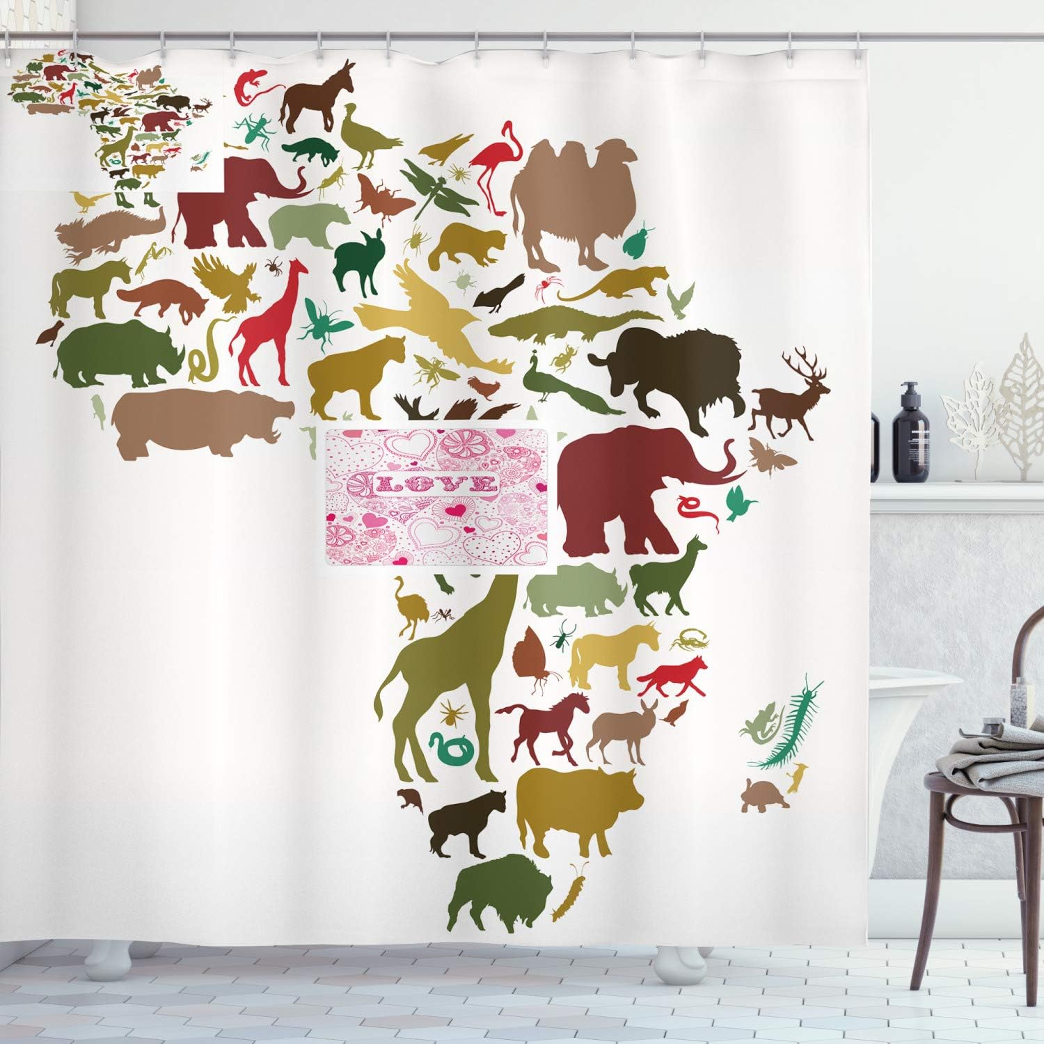 Ambesonne Africa Shower Curtain, Continent Map with Local Animals Diversity Lion Camel in Equator Design, Cloth Fabric Bathroom Decor Set with Hooks, 69" W x 70" L, Cocoa