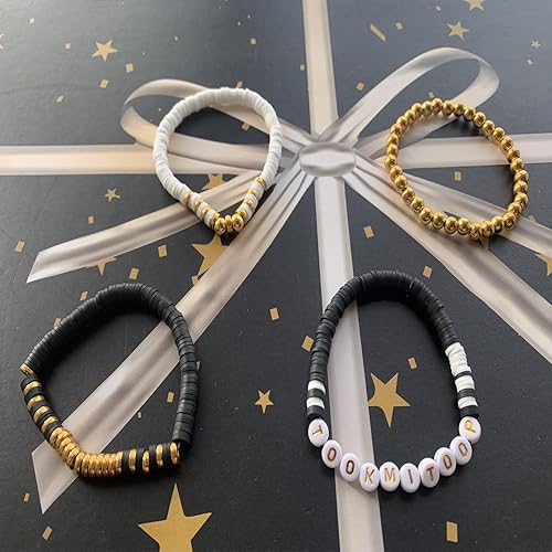 Miniatura 6 de Cuentas de arcilla blanca y negra para hacer pulseras, kit de 1820 cuentas de arcilla con cuentas doradas, cuentas de letras, kit de pulsera de la