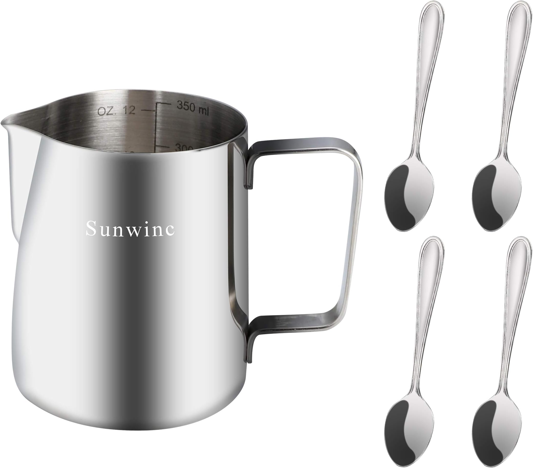 Milk Frothing Pitcher-12 oz, 18/8(304) Stainless Steel Coffee Creamer Jug Pitcher, Perfect for Milk Frother and Espresso Cappuccino Latte Coffee Steaming Maker, With 4 Tea Coffee Spoons