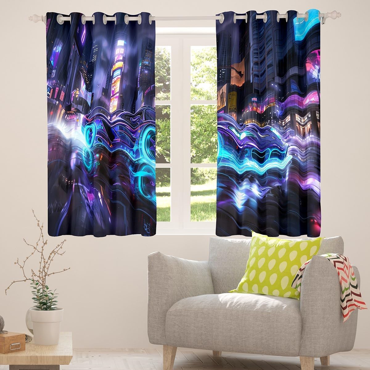 Sports Car Curtain Home Decor,Racing Car Theme Modern City Window Drapes for Bedroom Decor,Cool Blue Purple Neon Light Window Treatment Curtains for Kids, 52Wx96L inch