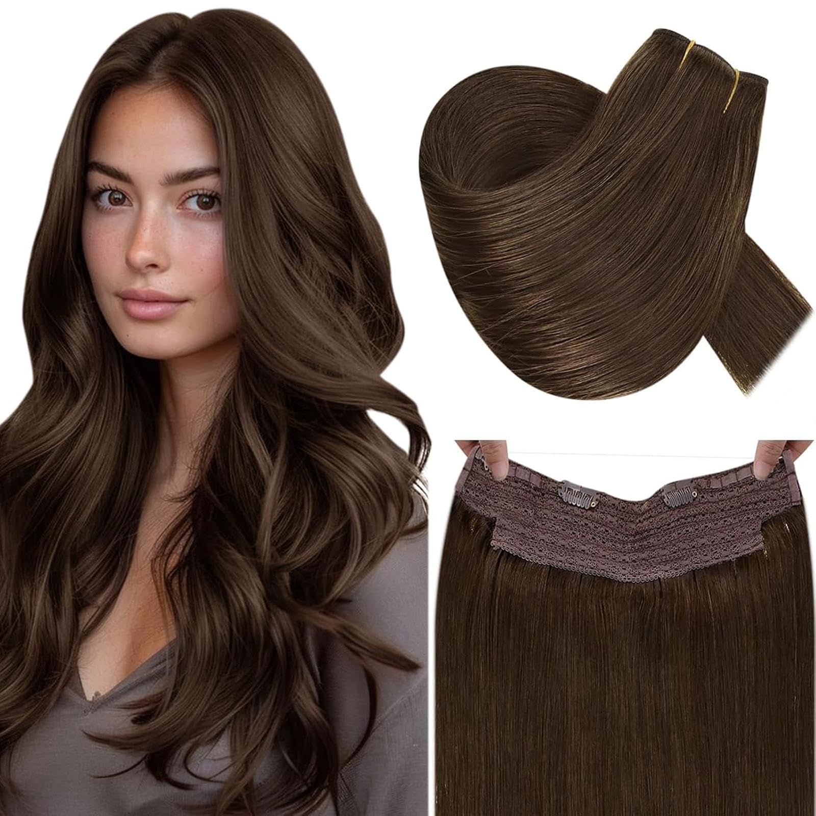 RUNATURE Extension Fil Cheveux Naturel Invisible 40cm 80g Brun Extension #4
