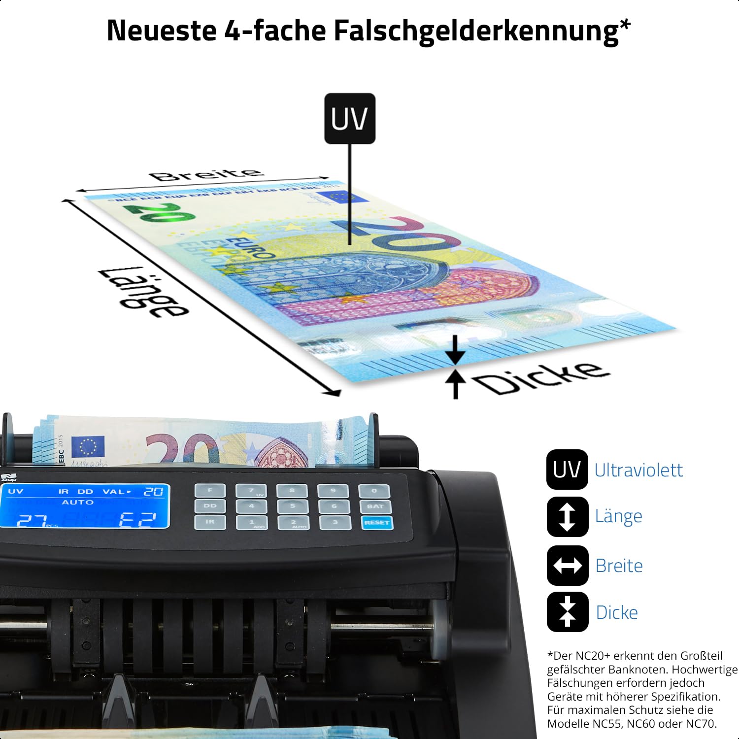 ZZap NC20+ Banknotenzähler & Falschgeld-Detektor - Banknotenzählmaschine Geldzählmaschine Geldzähler