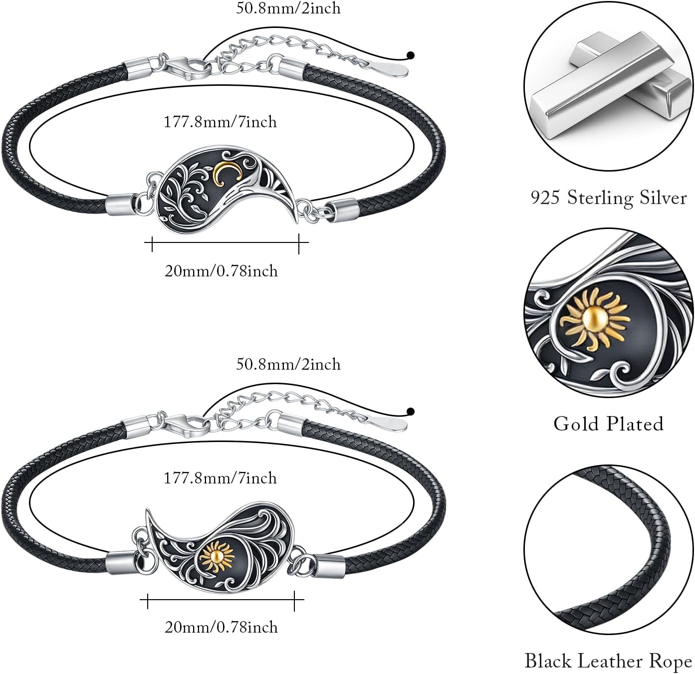 Yin Yang Bracelet 925 Sterling Silver Couple Friendship Bracelets Tree of Life/Sun Moon/Mountain/Lotus Abalone Jewelry for Women Men Couples, Leather Cord 7+2 in - Image 5