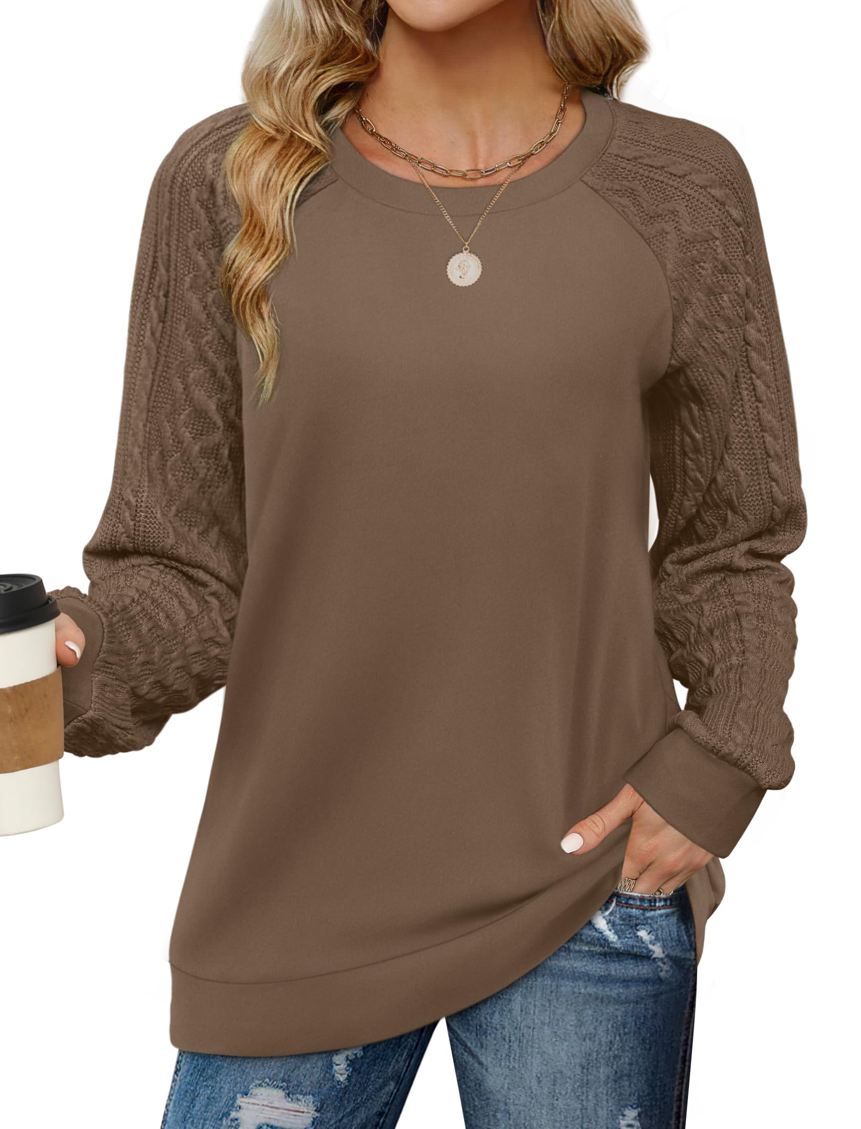 Saloogoe Sweatshirts for Women Crewneck Cable Knit Sleeve Sweaters Lightweight Fashion 2025