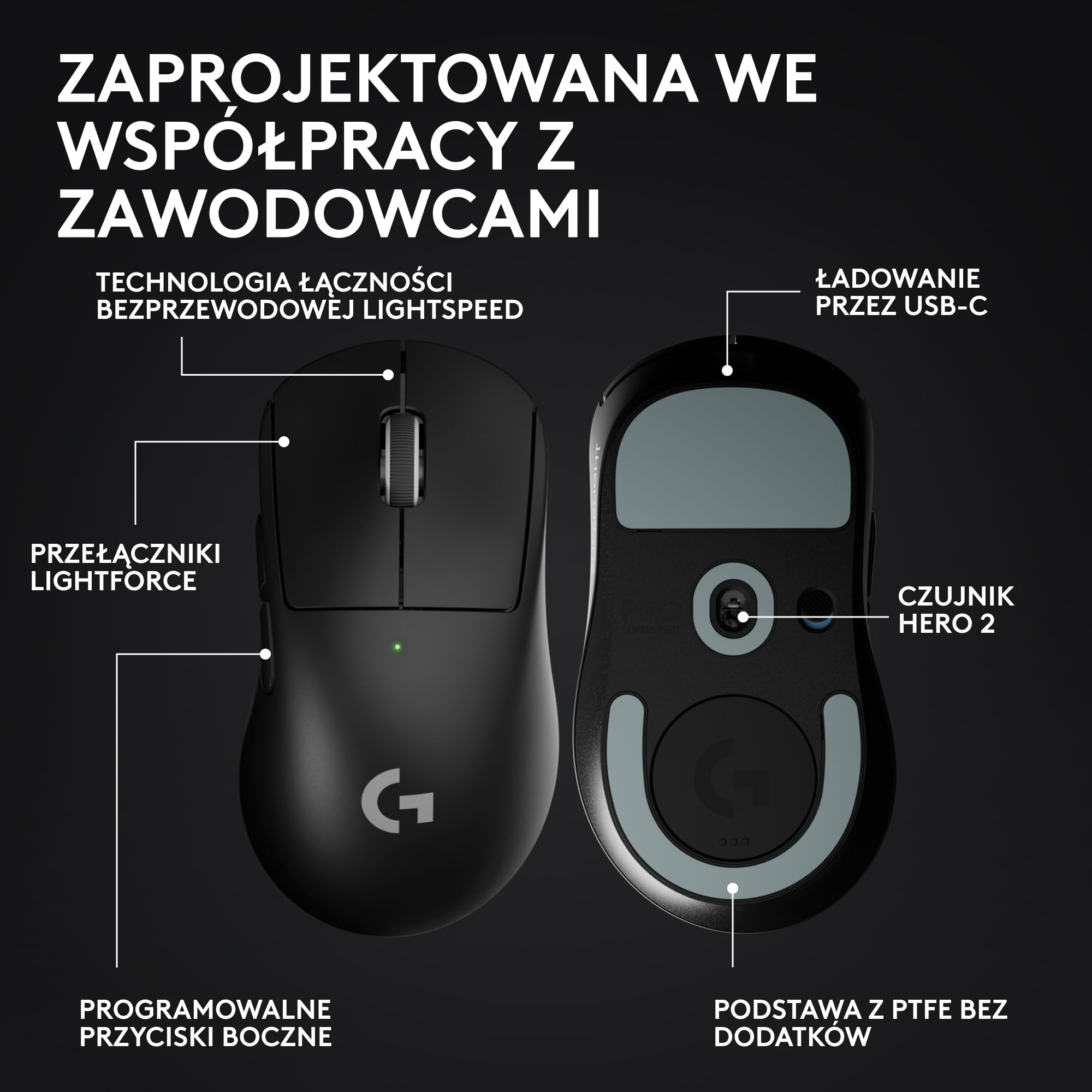 Bezprzewodowa mysz do gier Logitech G PRO X SUPERLIGHT 2 DEX LIGHTSPEED, lekka mysz klasy profesjonalnej o wadze 60 g, z 5 programowalnymi przyciskami, ładowaniem przez USB-C