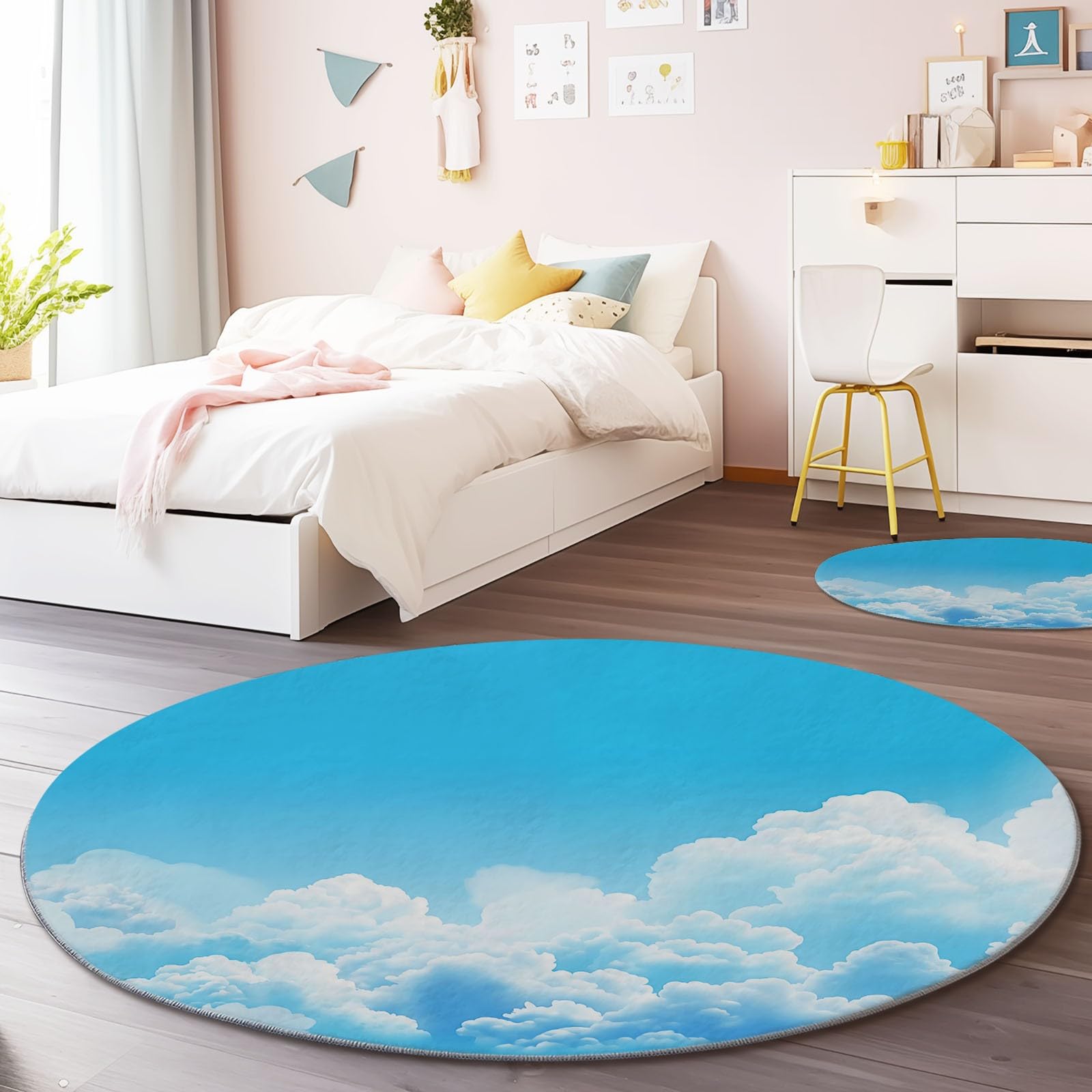 Genérico Alfombra Redonda para habitación Infantil Patrón De Nubes Blancas, Estilo De Cielo Natural Alfombra Antideslizante Suave y esponjosa para Sala de Estar, Dormitorio, Comedor, 150 cm, Azul