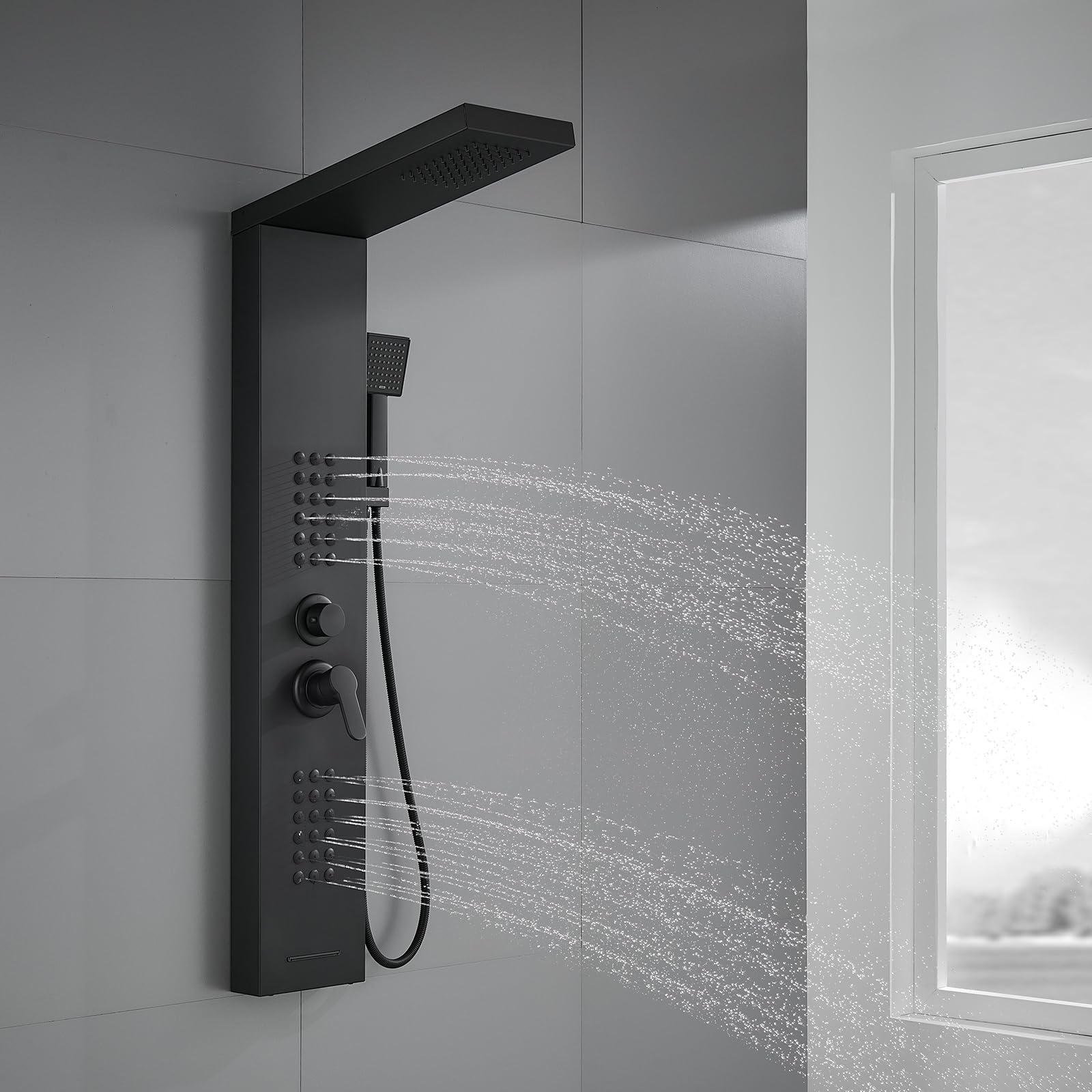 Pannello doccia con rubinetto, colonna doccia 4 in 1, in acciaio inox, nero opaco