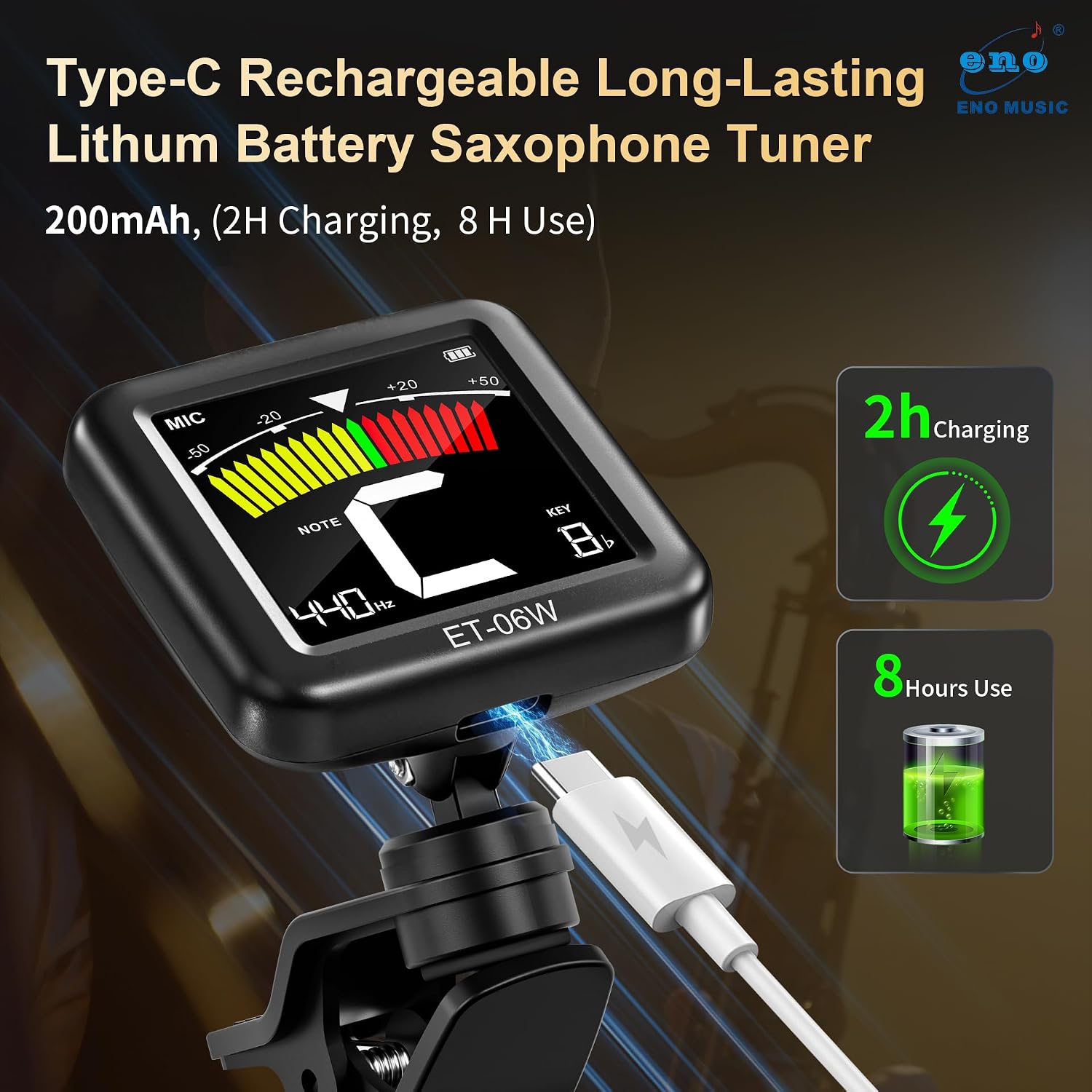 ENO MUSIC Rechargeable Clip On Alto Saxophone Tuner with Colorful Big LCD Display Wind Instrument Tuner, Saxophone Accessories for Musicians image 4