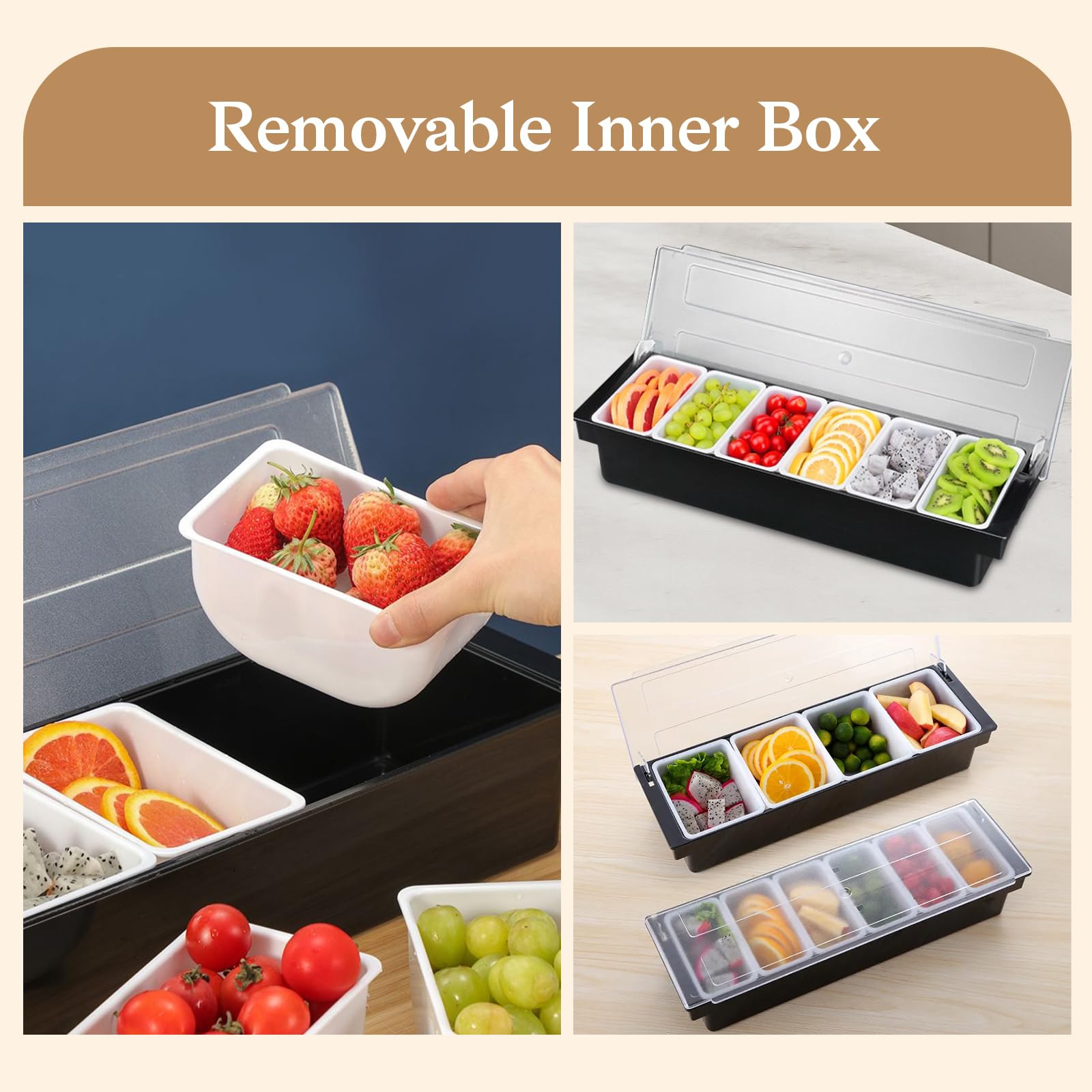 Buachois Serveur de Condiments, Distributeur de Condiments Transparent en Plastique, Couvercle Détachable Design Bar Fruit Caddy Container Tray avec Couvercle(6 Compartments)