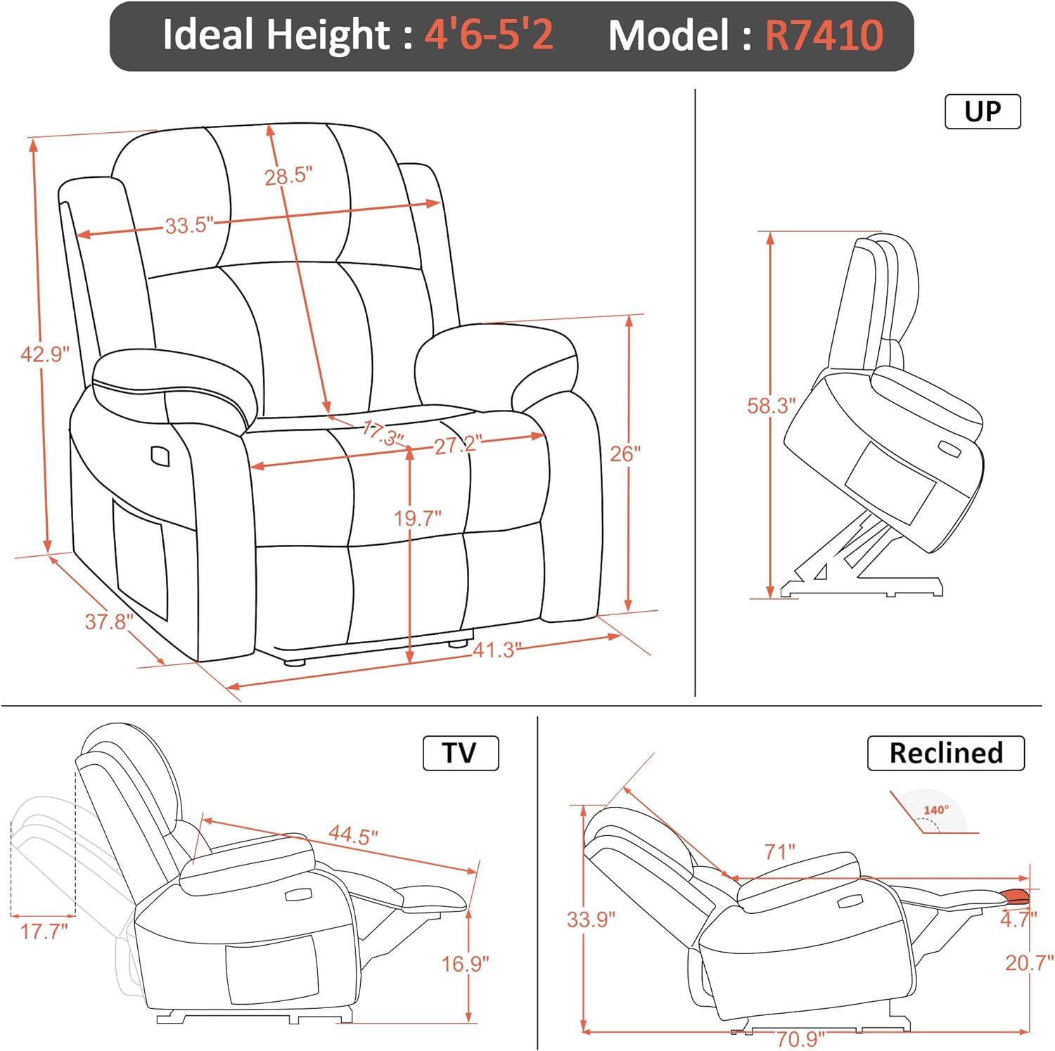 Detailed dimensions diagram of the recliner