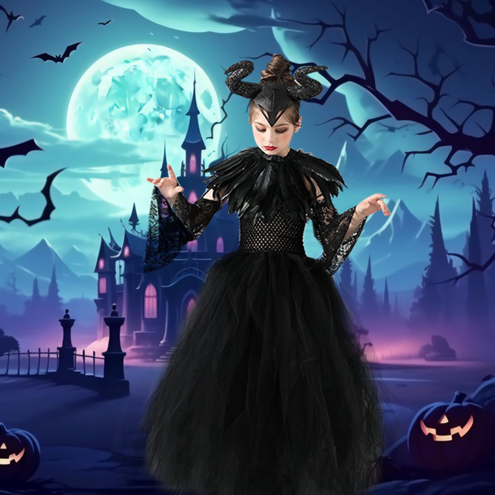 Disfraz de Malefica para Niña de Halloween: Reina Bruja Malvada Vestido Maléfica para Niños con Tocado de Cuernos y Capa de Alas Negras para Halloween Carnaval Cosplay Fiesta Traje