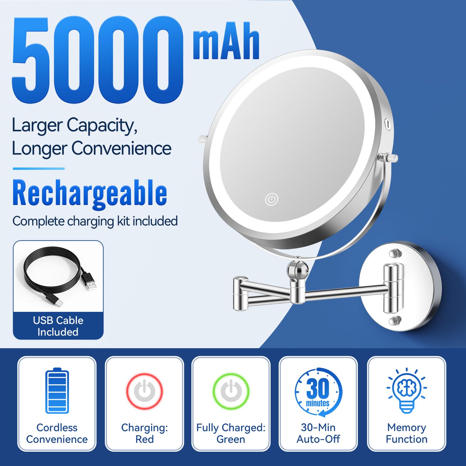 Auxmir 5000mAh Kosmetikspiegel mit Beleuchtung, 10" Wiederaufladbar Schminkspiegel mit 1X/30X Vergrößerung, Dimmbar Rasierspiegel mit 3 Lichtfarben, 360° Drehbar, Wandspiegel für Badezimmer & Hotel