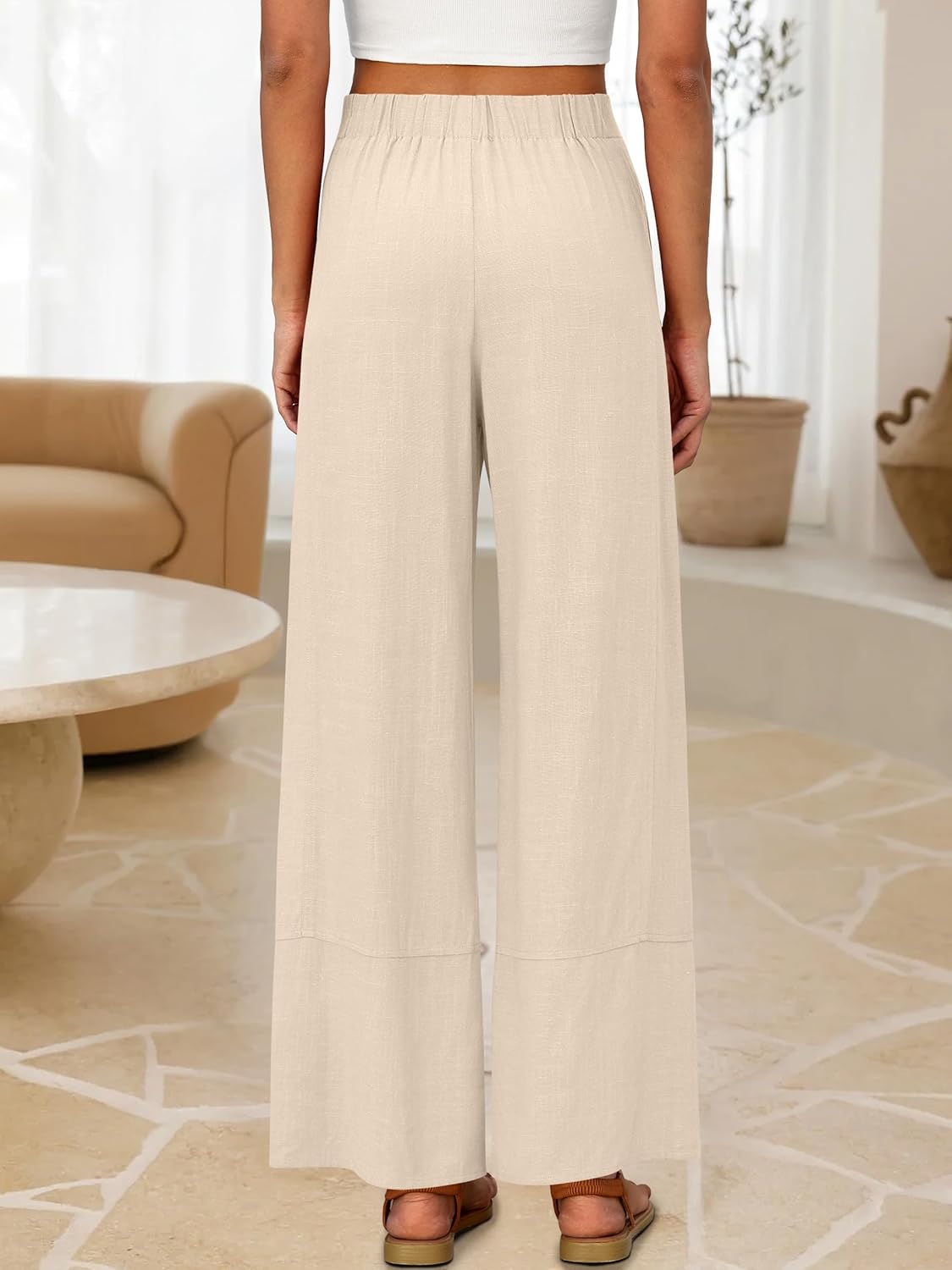 ANRABESS Women's Wide Leg Linen Pants Summer Boho Casual Elastic Waist Long Lounge Travel Pants Trousers with Pockets - Image 4