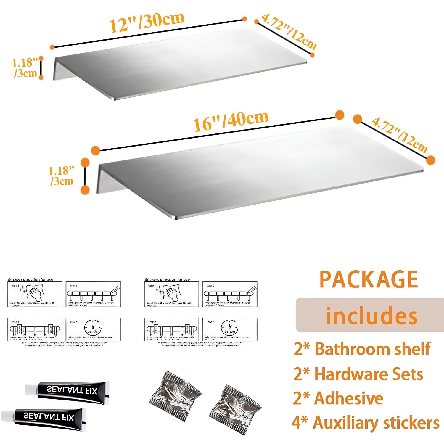 Duschablage Ohne Bohren SUS304 Edelstahl Badablage Gebürstet Selbstklebende für Badezimmer Schlafzimmer Küche Dusche Wandregal Wandmontage,Länge 30/40cm