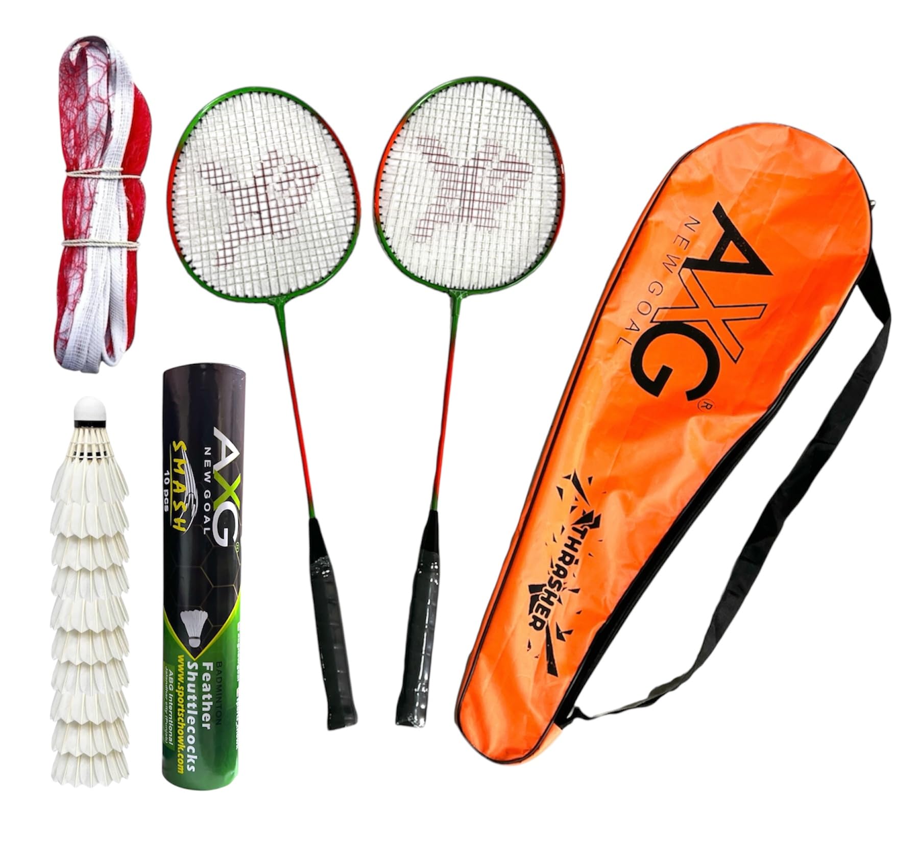 Thrasher Racquets Set of 2 with 10 Feather Shuttles & Net Badminton Kit (Orange Green)-image-16