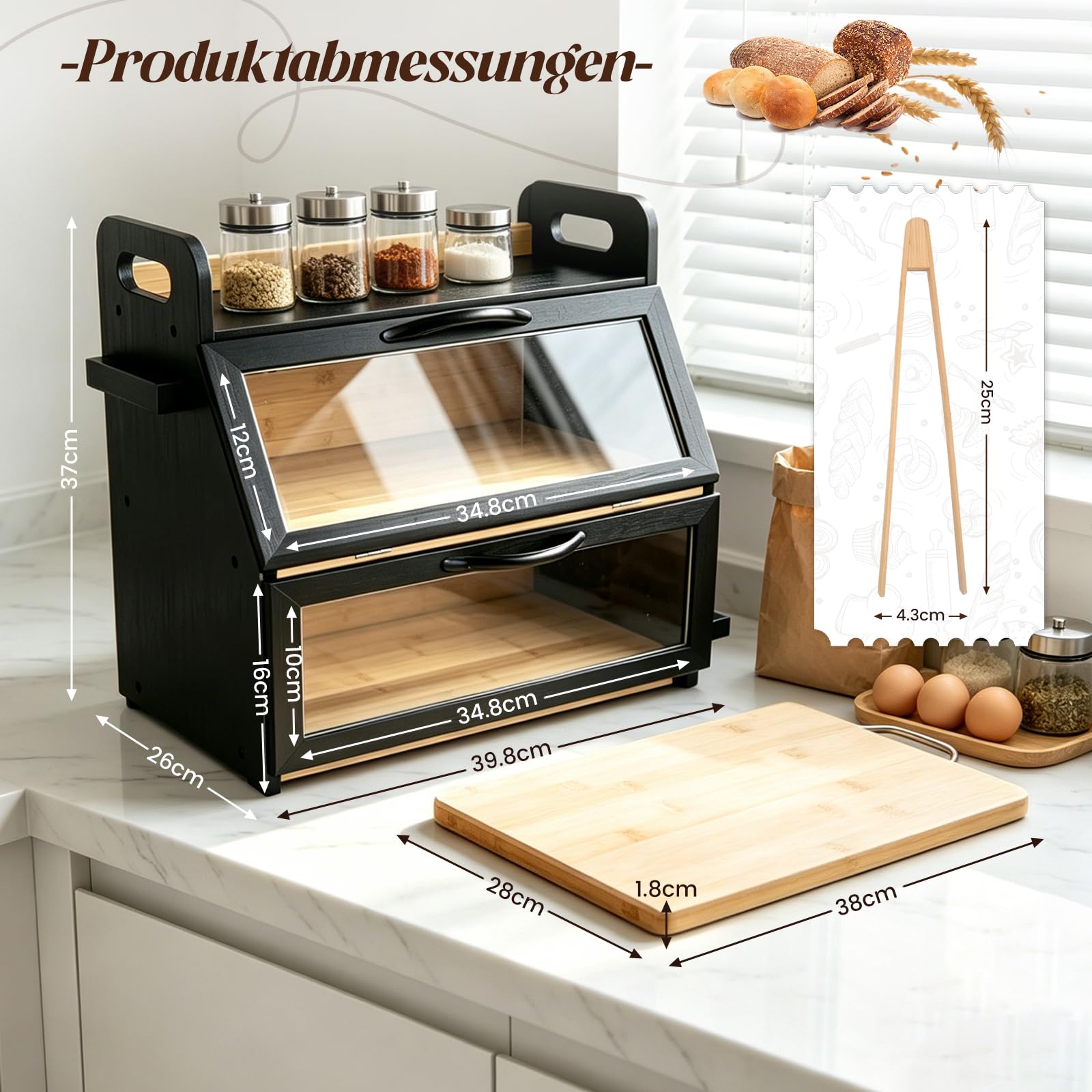 Bambus Brotkasten 2 Etagen Brotbehälter mit Brotschneidebrett und Brotzange, lebensmittelecht Brotaufbewahrung, Holz Brotbehälter für selbstgemachtes Brot, 40 x 26 x 37 cm, Schwarz