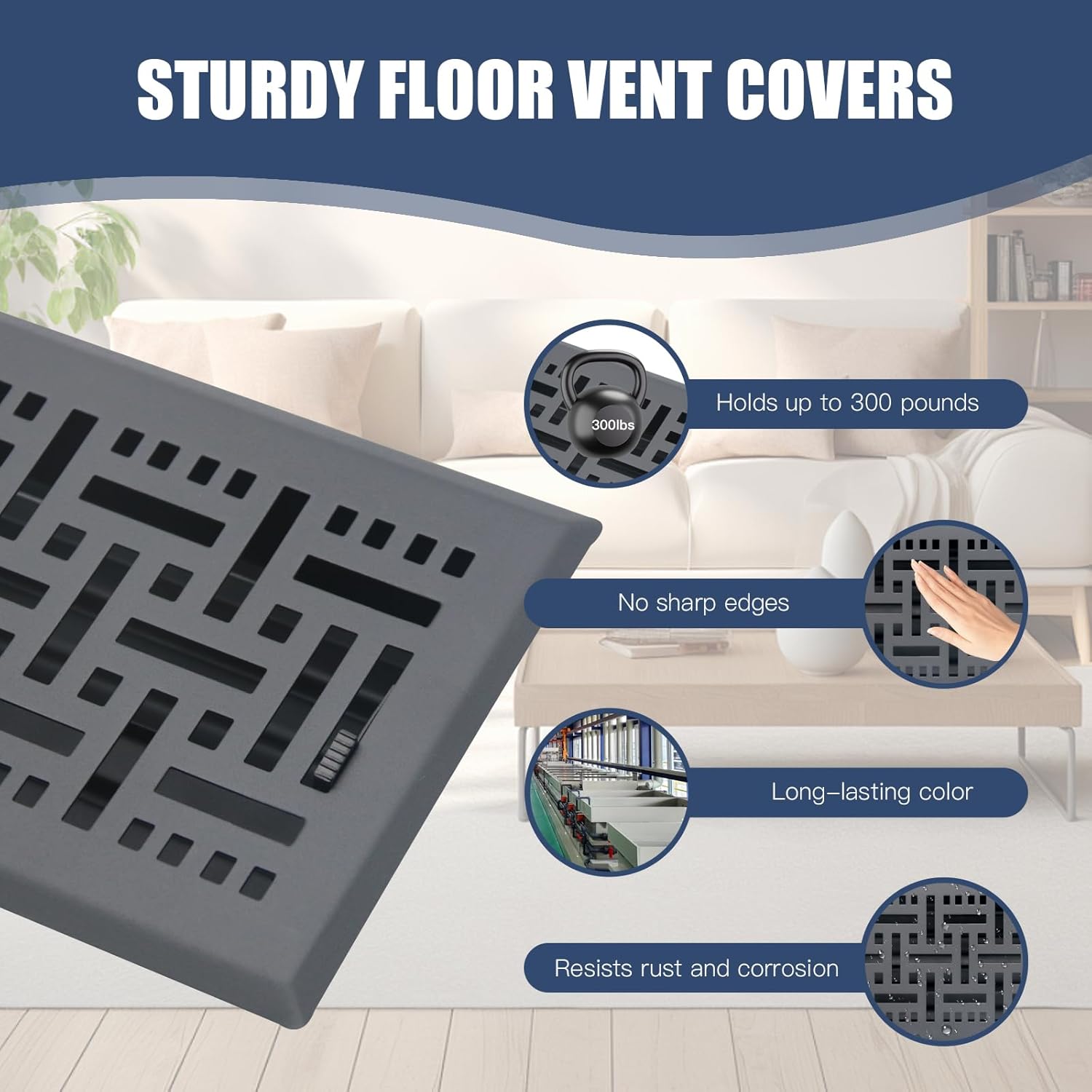 Floor Register Ease Adjust Black Color Air Vents for Home 4X12 Inch Floor Register Cover Heavy Duty Walkable Steel Air Vents for Floor