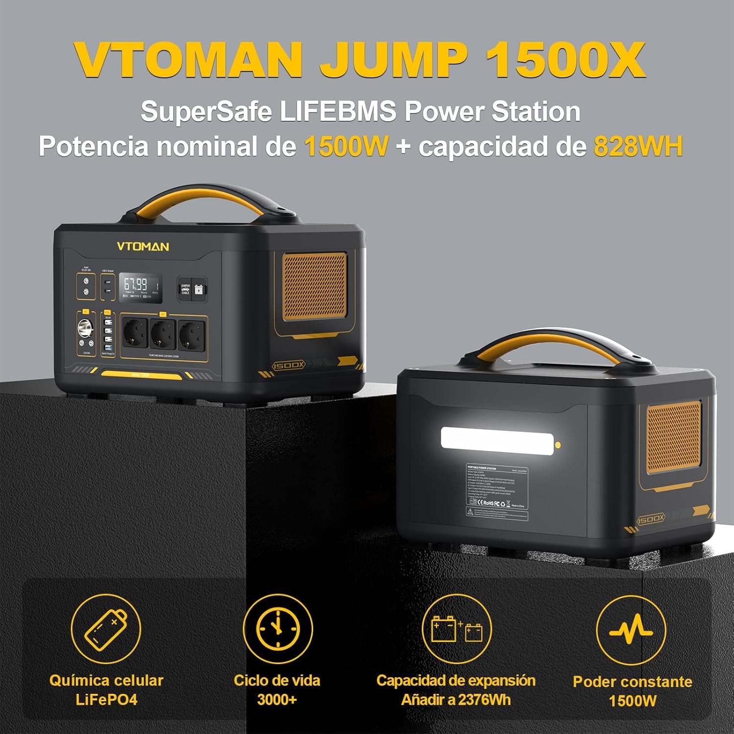 VTOMAN Jump 1500X Estación de Energía Portátil 1500W, 828Wh, USB QC 3.0 | Batería LiFePO4, Generador Solar, Salida dual PD 100W Typ-C, Capacidad Ampliable a 2376Wh para Viajes, Acampar