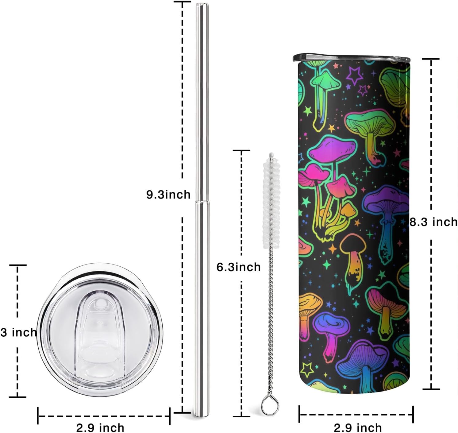 Mushroom Tumbler with Top Handle Lid and Straw Insulated Water Bottle with Travel Mug for Cars Cup Coffe Mugs for Men Women Drink Hot and Cold (Colorful, 20oz)