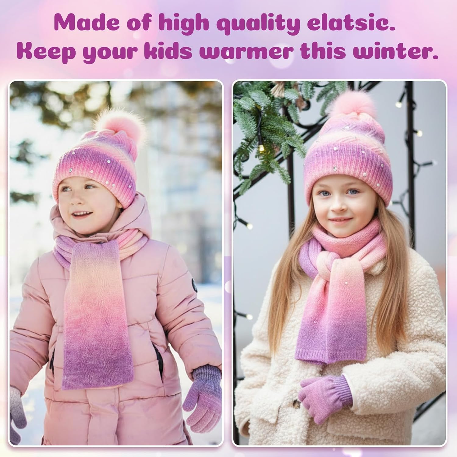 3 Pcs Kids Hat Scarf and Snow Gloves Set for Children Girls Age 5-10 Pompom Hat Mittens Scarves Kid Knit Beanies Cap - Image 6