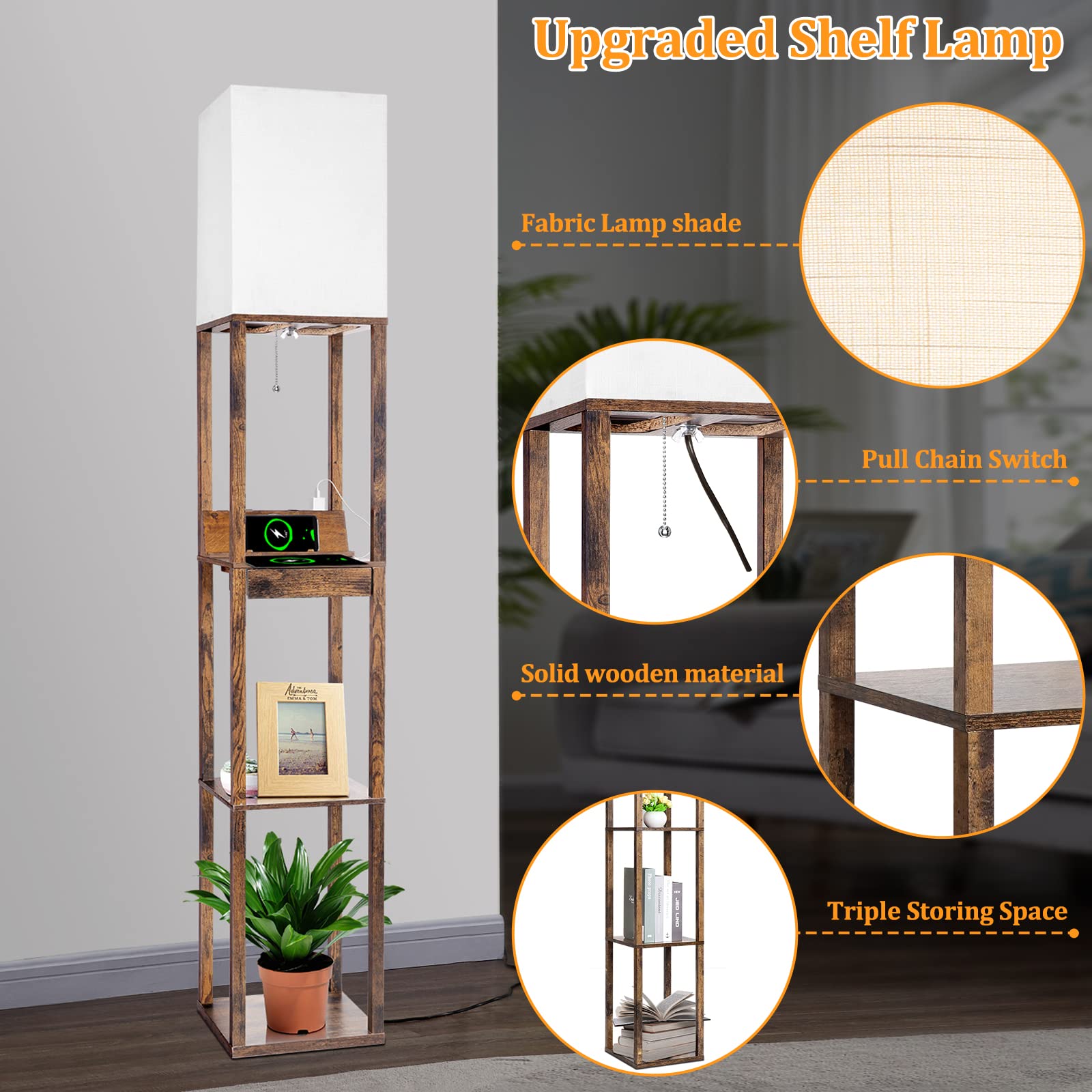 ã€?Upgradedã€‘Floor Lamp with Shelves,Shelf Floor Lamps for Living Room with Wireless Charger, Floor Lamps for Bedroom with USB A+C Charging Ports and 2 AC Outlet, Brown Wood Lamp for Living Room, Bedroom