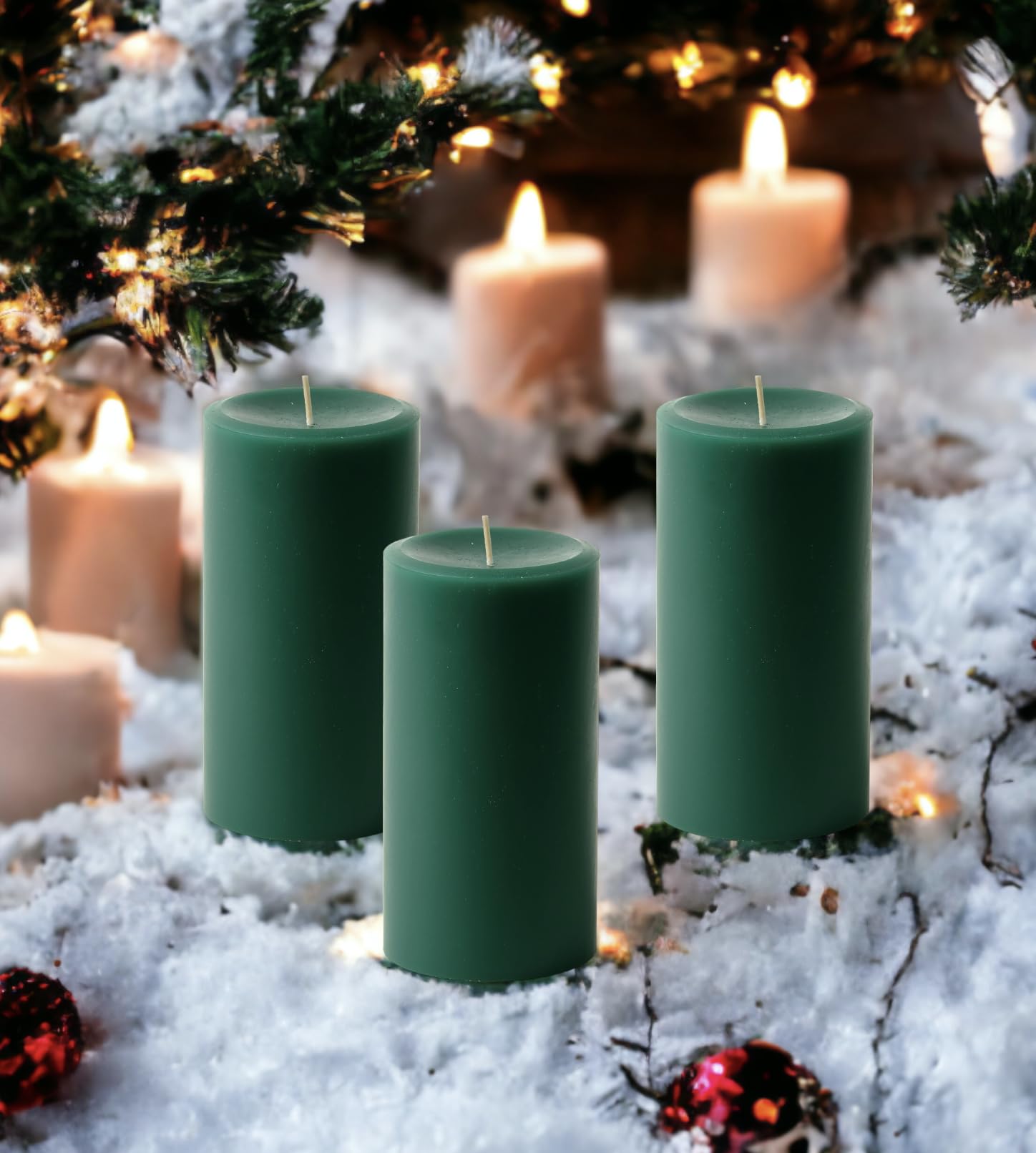3" x 6" Hunter Green Pillar Candles (Set of 3) Unscented, Solid Color, Hand Crafted Weddings