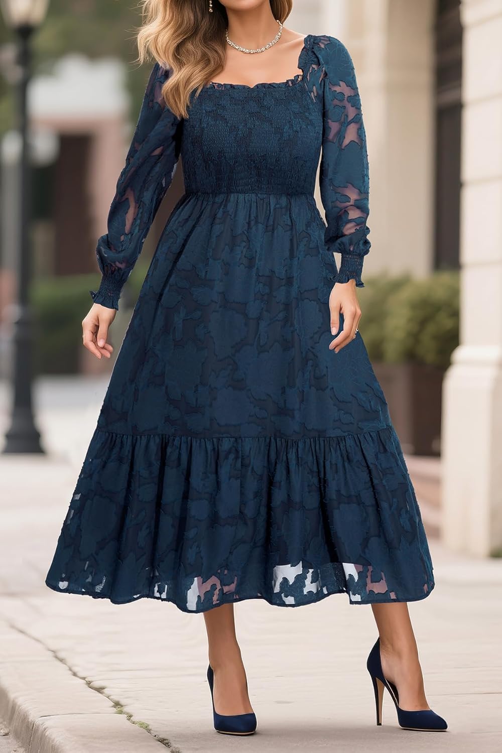 Women's Plus Size Fall Dress - Wedding Guest Long Sleeve Floral Lace Aline Flowy Midi Dress - Image 3