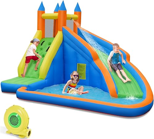 HONEY JOY Tobogán acuático inflable, parque acuático gigante, castillo hinchable para patio trasero, pared de escalada, piscina de chapoteo,