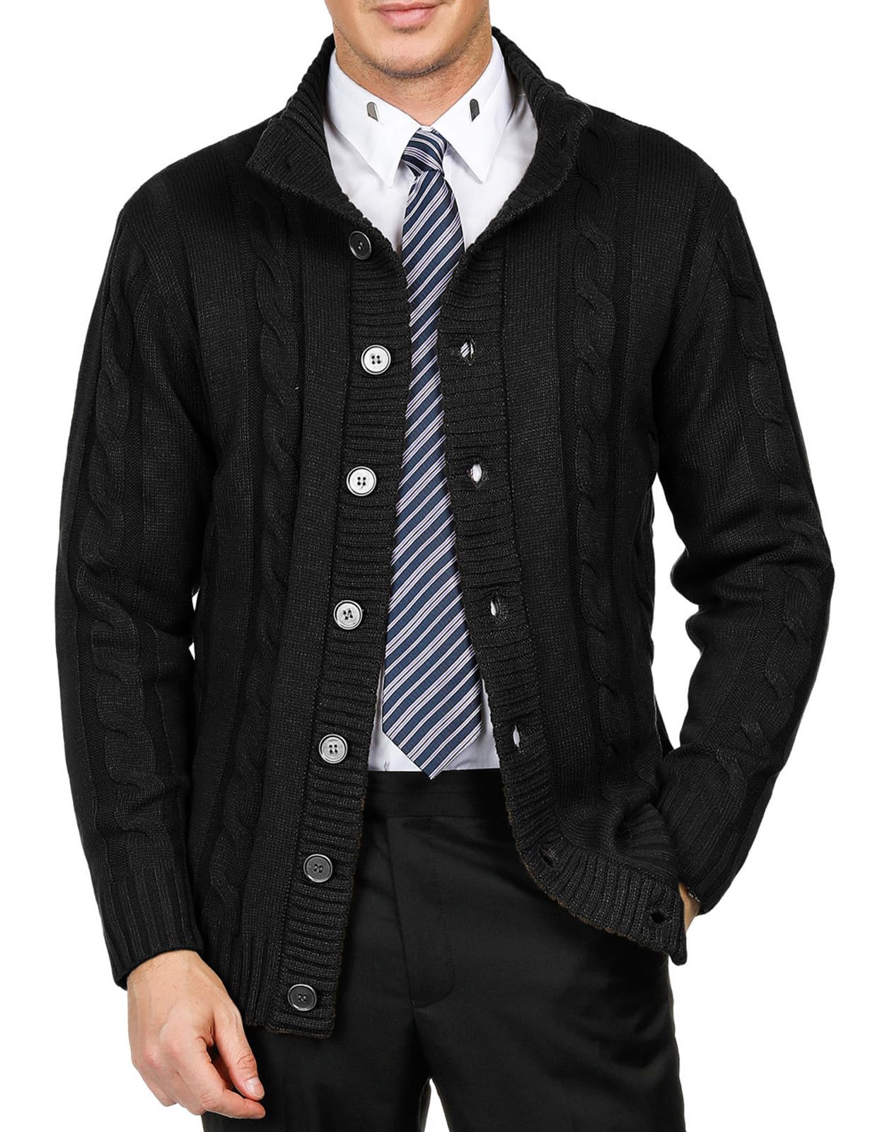 PJ PAUL JONES Chaqueta de punto para hombre con cierre de botones, diseño trenzado, con cuello alto acanalado, para otoño e invierno