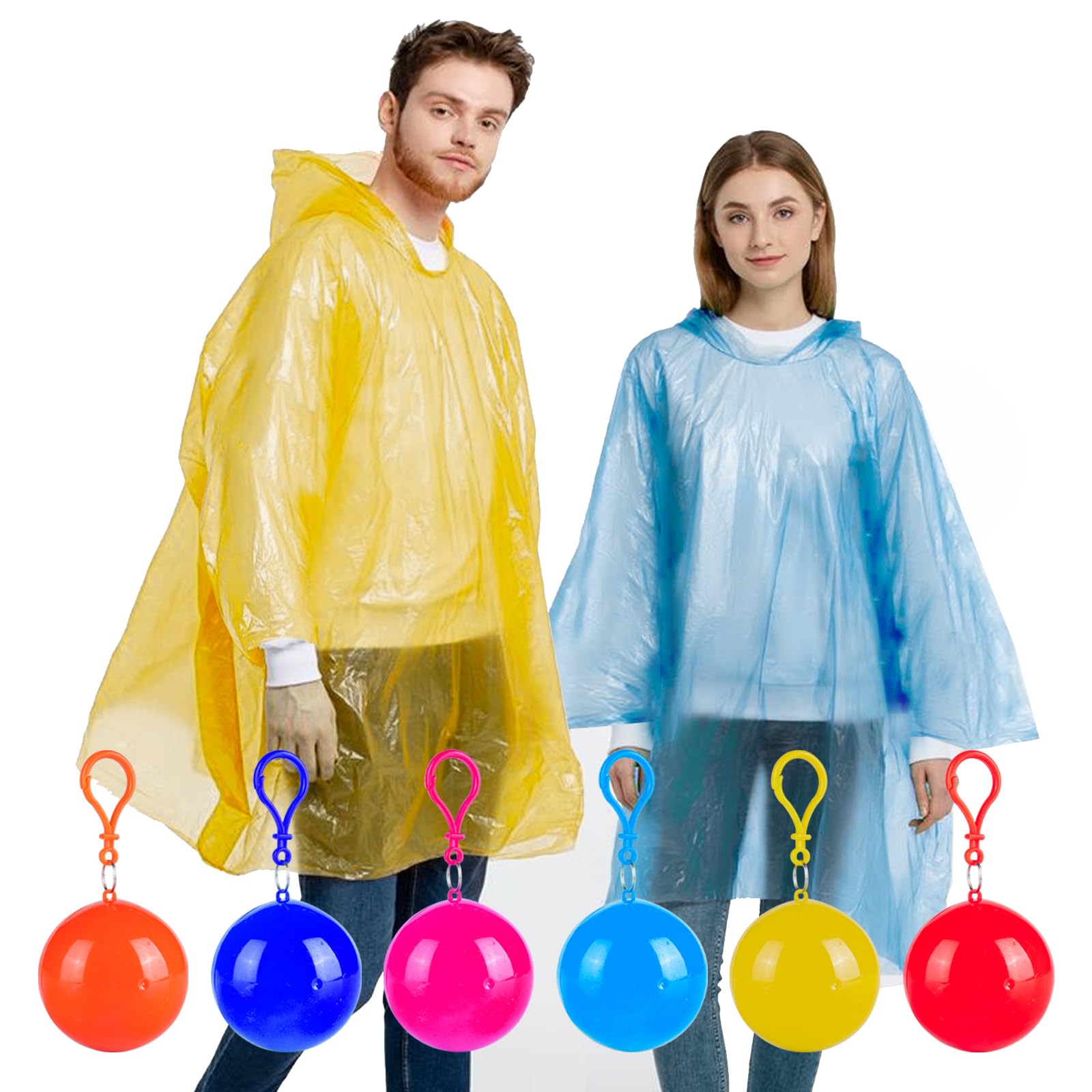 6 PCS Disposable Rain Ponchos -Waterproof Lightweight Raincoats Packaged in Keychain Ball with Hook for Adults and Kids, Colorful Portable Adult Rainwear for Camping, Cycling & Outdoor Activities