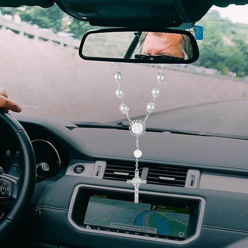 Miniatura 5 de 2 piezas de rosario de coche para espejo retrovisor, espejo retrovisor, cuentas de rosario automático, medalla de coche y accesorios colgantes de