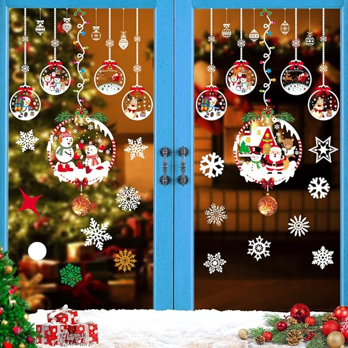 244 Autocollants Noël Fenêtre électrostatiques Réutilisables - Flocons De Neige, Arbres De Noël - Déco PVC Blanc
