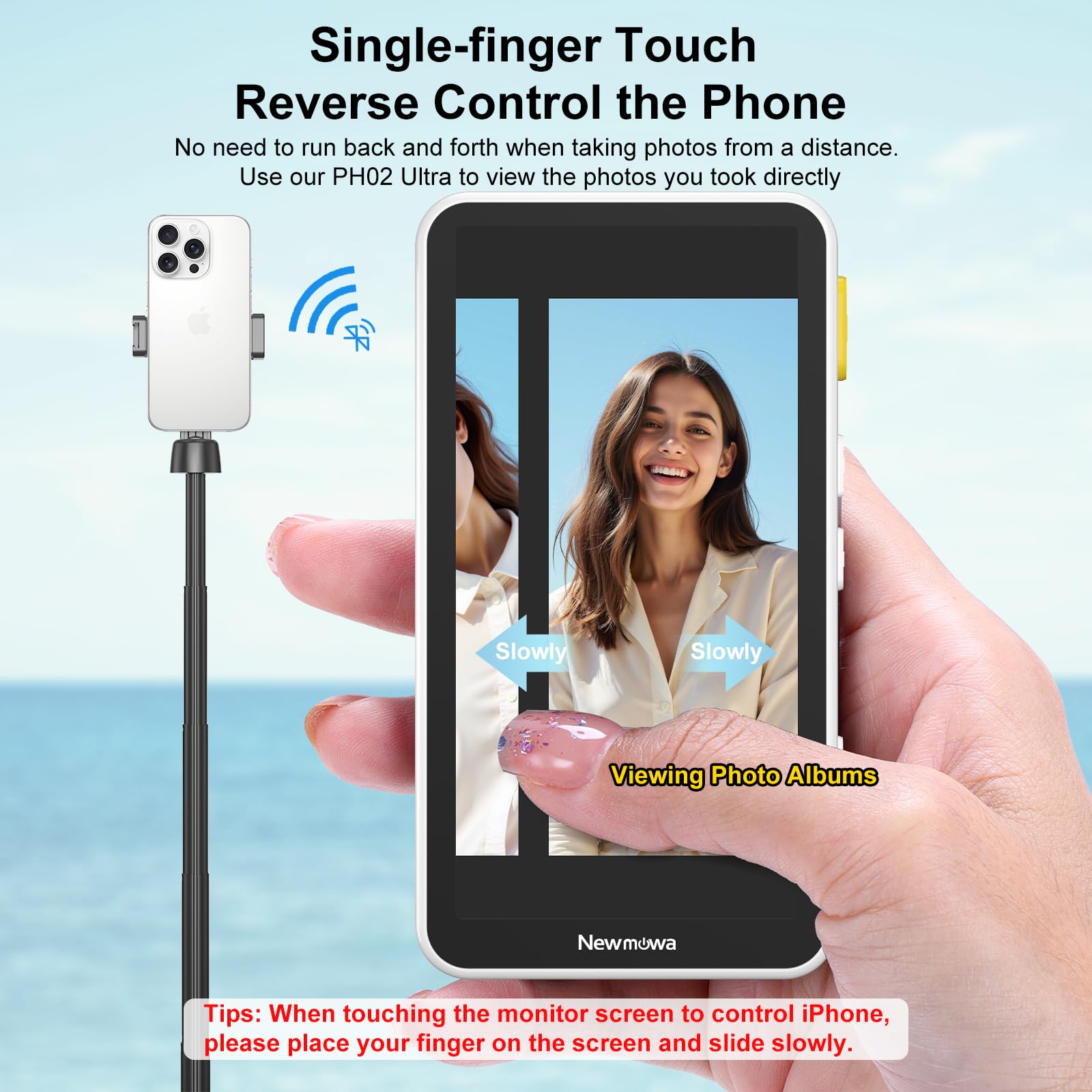Newmowa magnetischer Handy Selfie Touchscreen Monitor mit Zoom für iPhone | 4K 30fps kabellose Aufnahme nur für iPhone 15/16/17, 4" Handy Selfie Bildschirm für Vlog, TikTok, Weiß