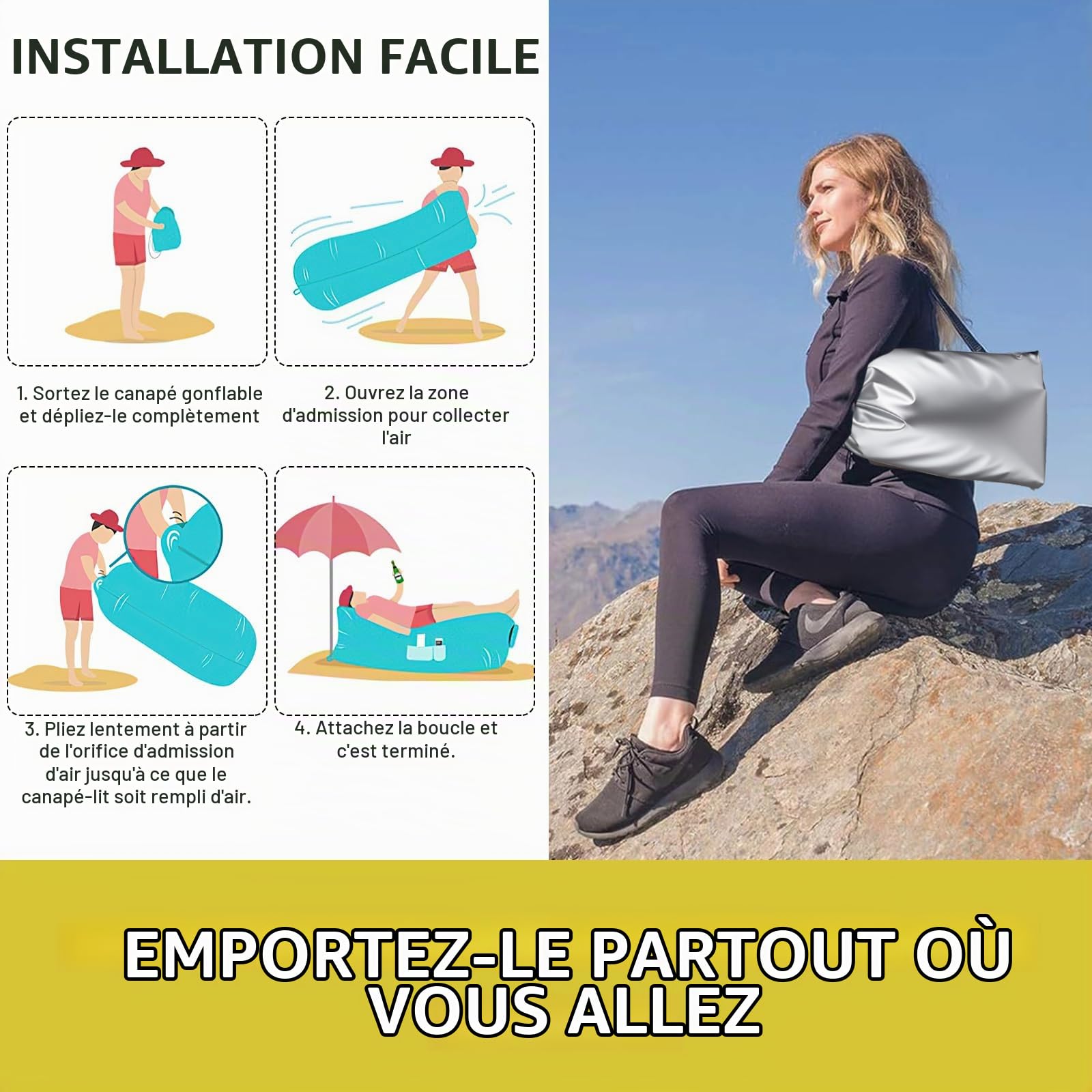 Hamac Gonflable, 185 * 70CM Transat, Canapé, Sofa, Chaise Longue Gonflable, avec Le Portable Package, pour Le Camping, la Mer, la Plage, Le Festival de Musique