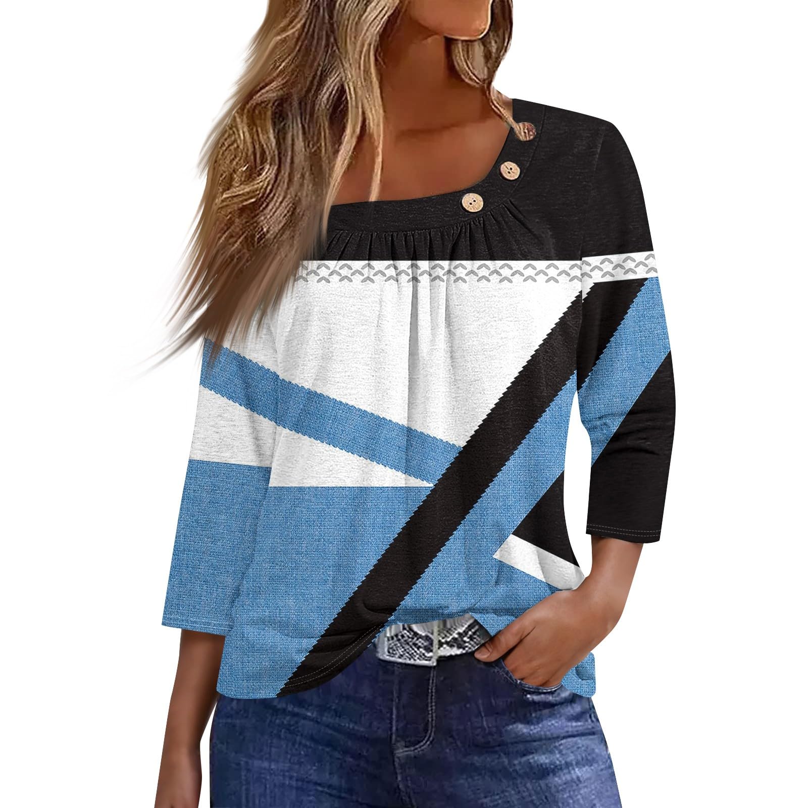 SCBFDI Ropa De Mujer, Camiseta Mujer Verano Manga De Siete Puntos Tops Moda Sportiva Cuello Redondo a Rayas Blusas Ligero Volante, Camisa Mujer Elegante