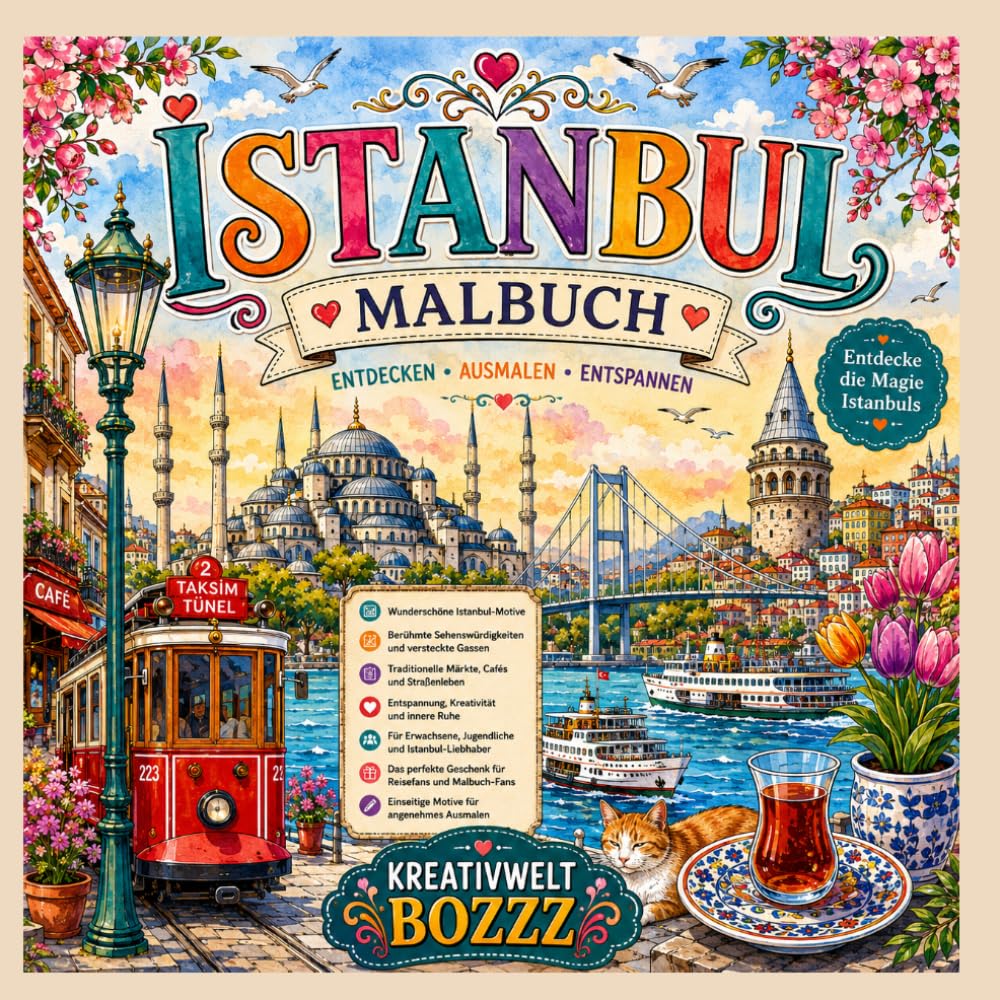 Istanbul Malbuch – Entdecke die Magie zwischen Orient & Okzident: Wunderschöne Ausmalmotive mit berühmten Sehenswürdigkeiten, Straßen, Märkten, Cafés, ... & Kreativität für Erwachsene und Jugendliche