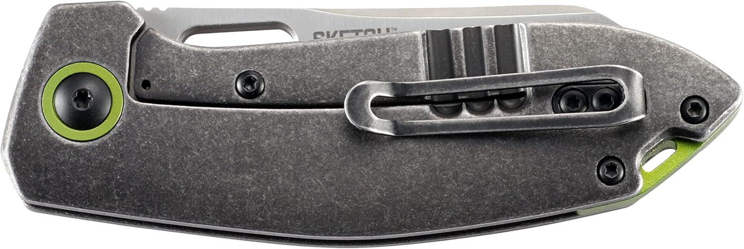 Columbia River Knife & Tool Sketch EDC Folding Pocket Knife: Urban Everyday Carry Utility Knife, Satin Sheepsfoot Blade, Thumb Slot Open, Stainless Steel Handle, Green Backspacer and Pivot Collar, Pocket Clip 2550