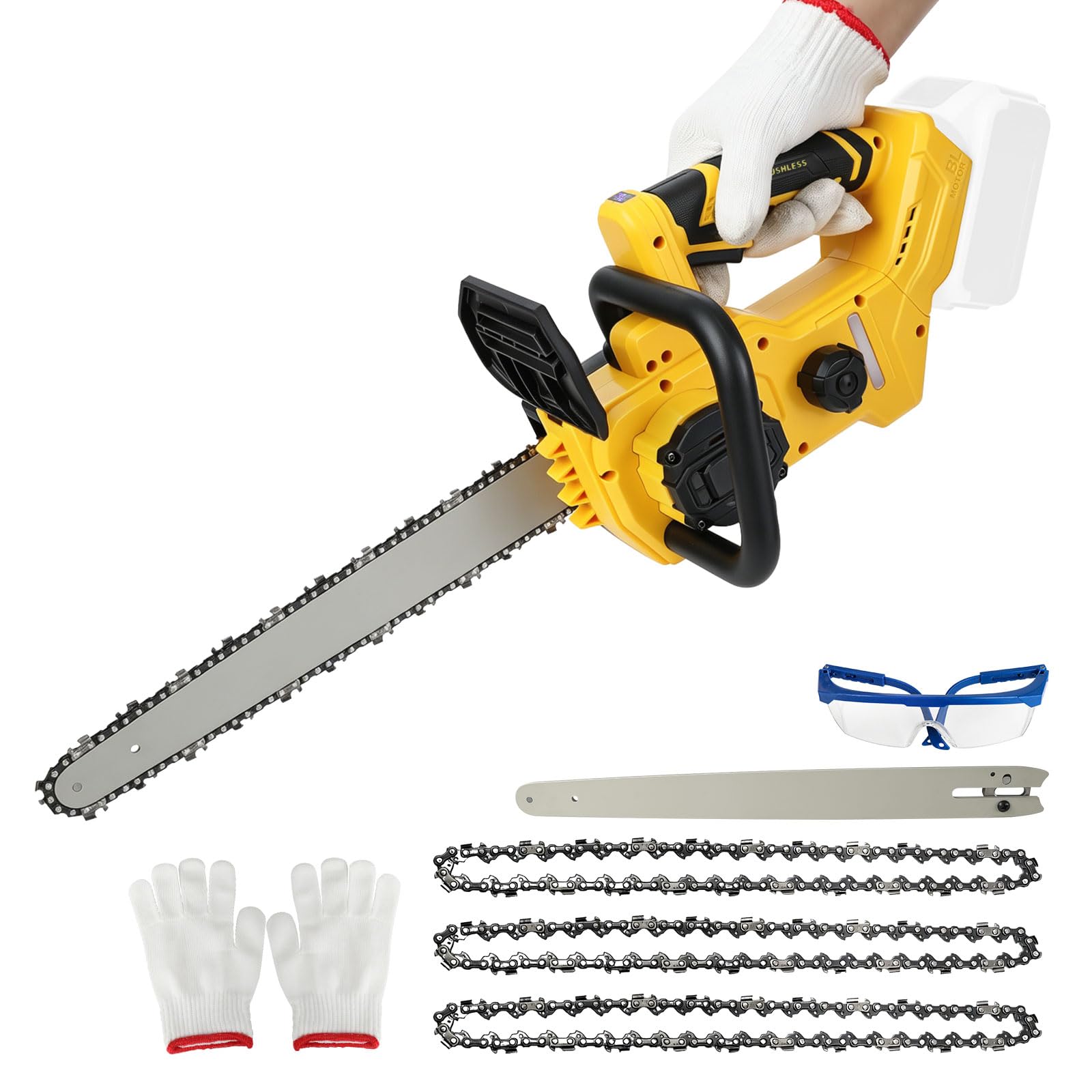 Bezszczotkowa piła łańcuchowa kompatybilna z akumulatorem DEWALT 20 V, elektryczna piła łańcuchowa 30 cm z 3 łańcuchami, przenośna ręczna piła łańcuchowa do cięcia drewna, przycinania drzew (żółta)